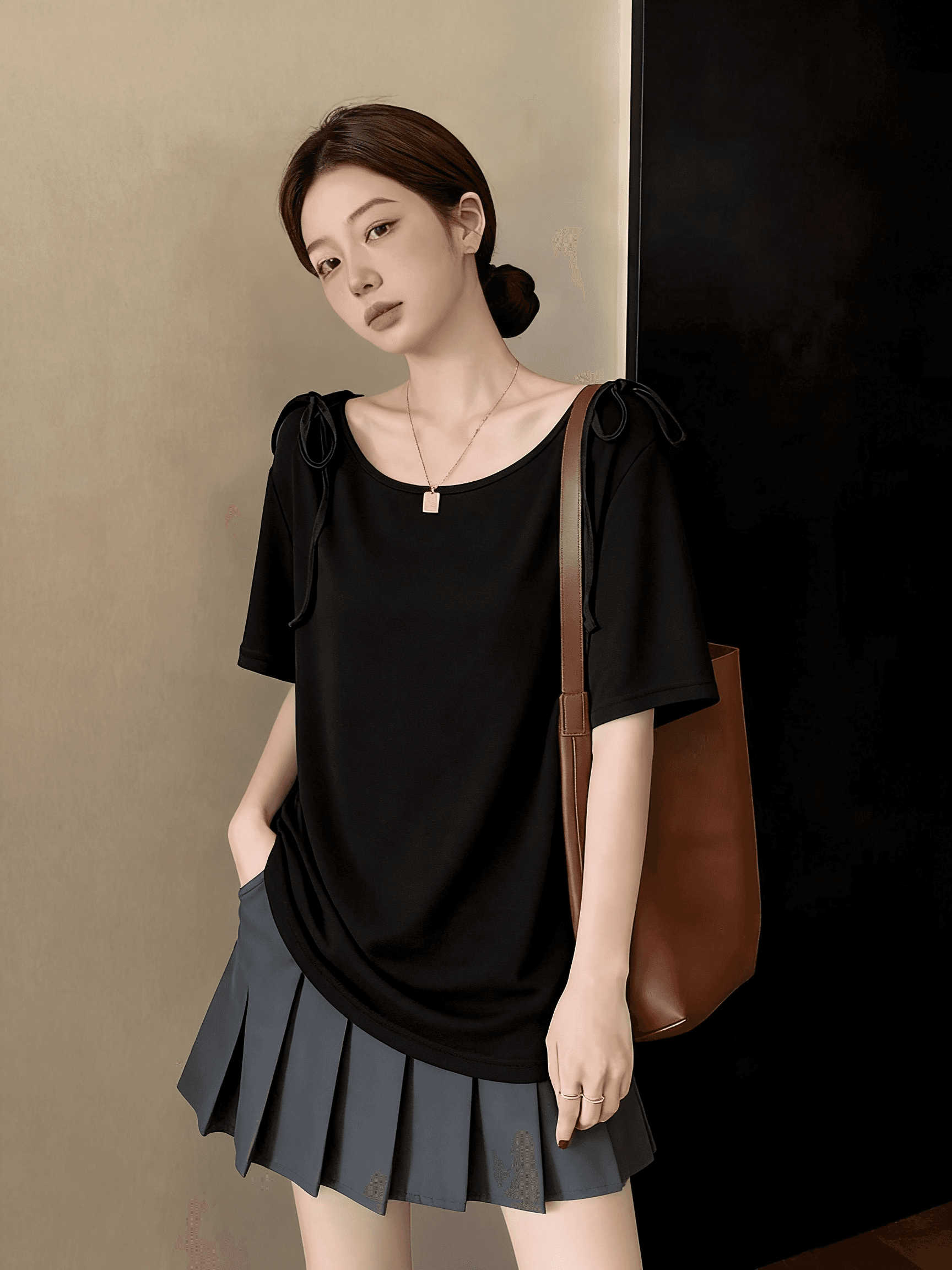 나비 넥타이 마이크로 오프숄더 보트넥 나팔 소매 허리 수축 품격 반팔 티셔츠 여성 이미지 2