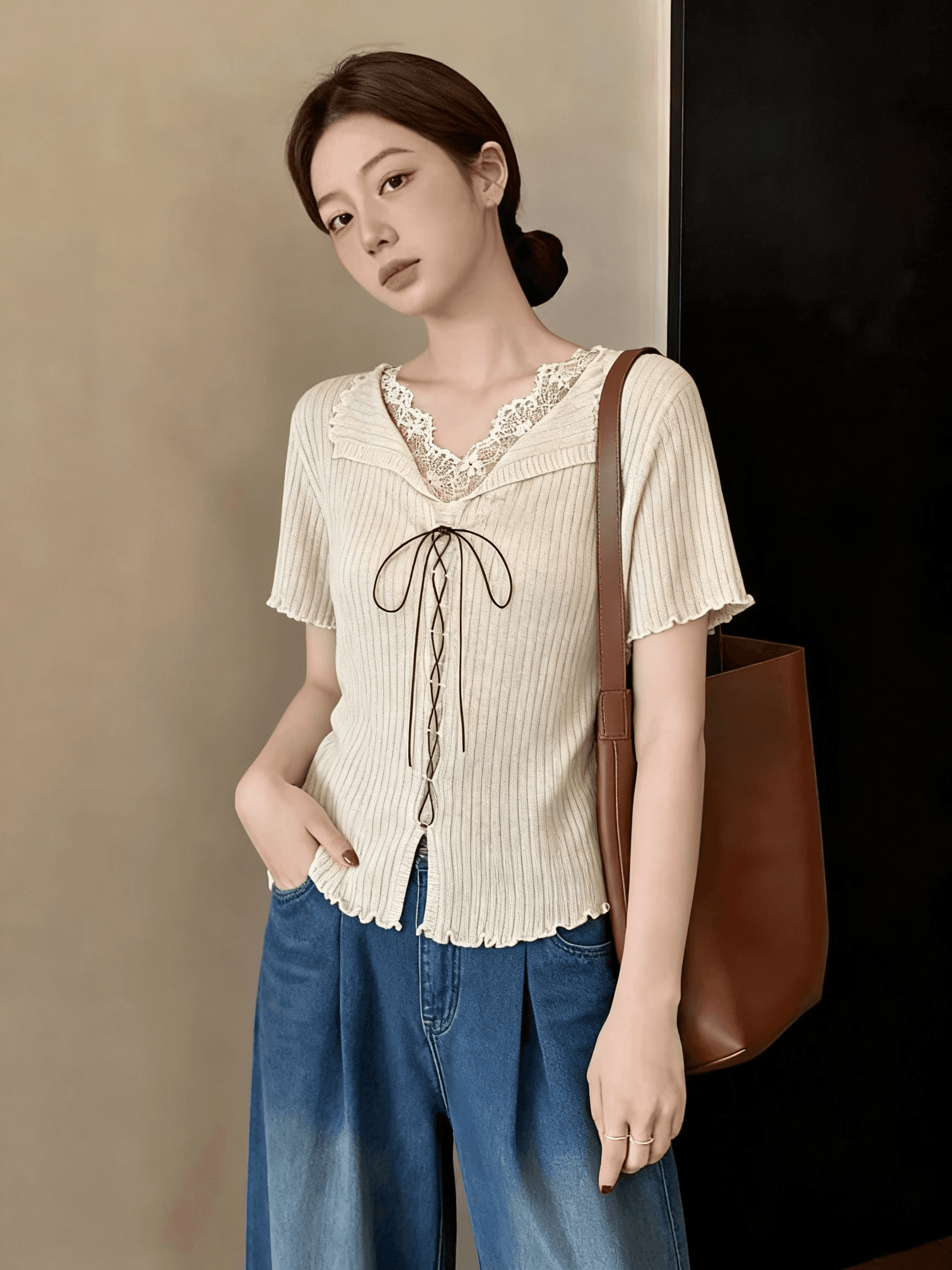 레이스 측면 V넥 긍정적 인 어깨 반팔 티셔츠 여성 2026 여름 새로운 작은 셔츠 빅 사이즈 지방 mm 슈퍼 잘 생긴 맨위 이미지 2