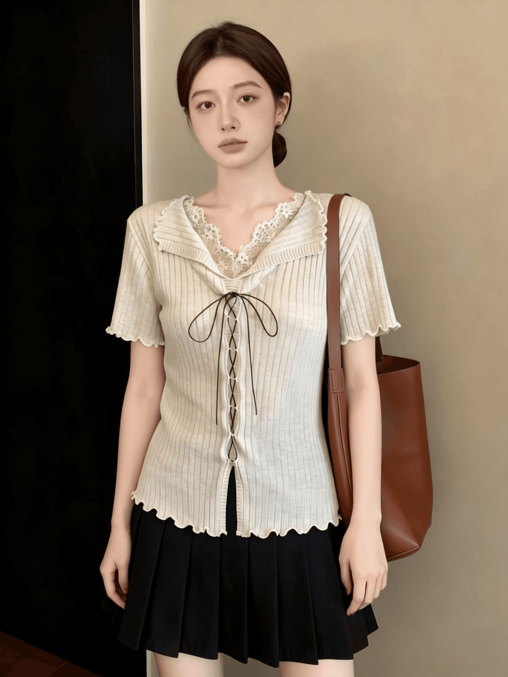 레이스 측면 V넥 긍정적 인 어깨 반팔 티셔츠 여성 2026 여름 새로운 작은 셔츠 빅 사이즈 지방 mm 슈퍼 잘 생긴 맨위 상세 이미지 5