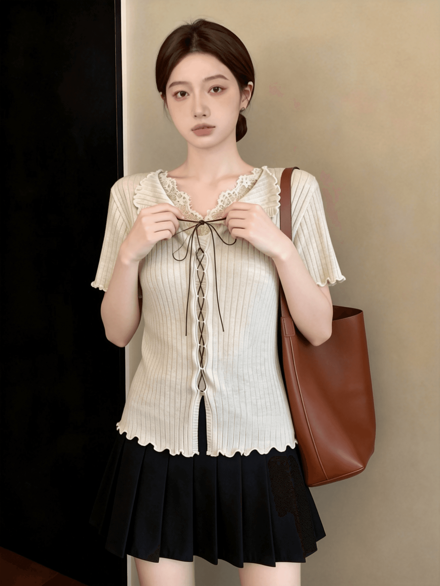 레이스 측면 V넥 긍정적 인 어깨 반팔 티셔츠 여성 2026 여름 새로운 작은 셔츠 빅 사이즈 지방 mm 슈퍼 잘 생긴 맨위 상세 이미지 9