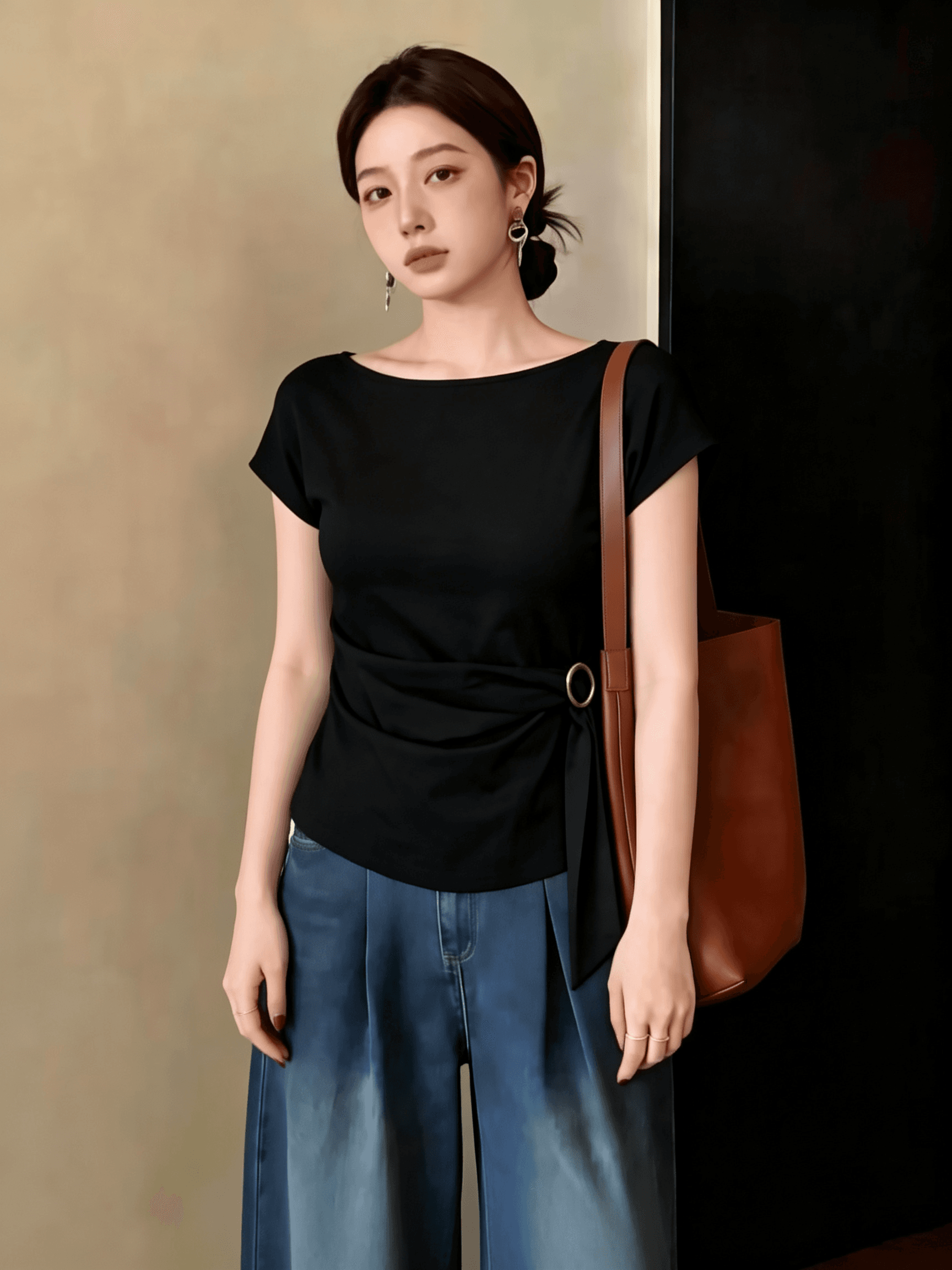 한 부서 연령 감소 반팔 티셔츠 여름 스트랩 허리 수축 슬림해 보이는 품격 느긋한 다용도 품격 맨위 상세 이미지 1