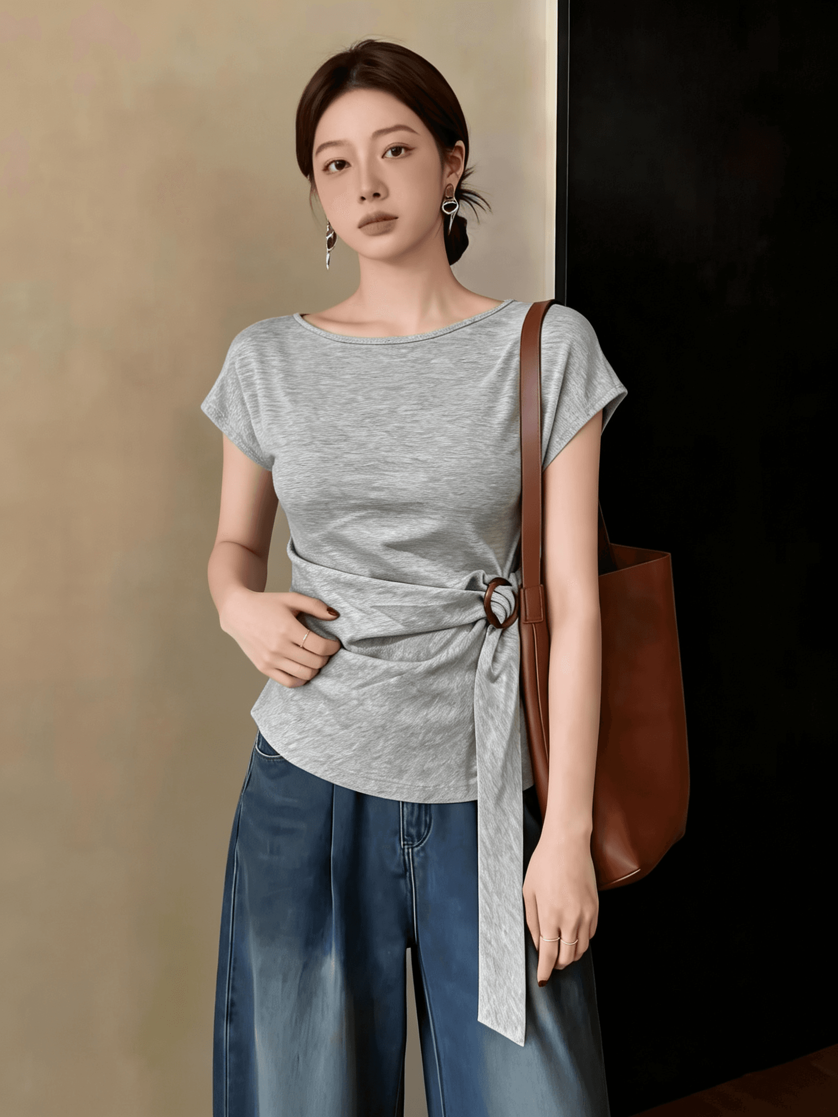 한 부서 연령 감소 반팔 티셔츠 여름 스트랩 허리 수축 슬림해 보이는 품격 느긋한 다용도 품격 맨위 상세 이미지 3
