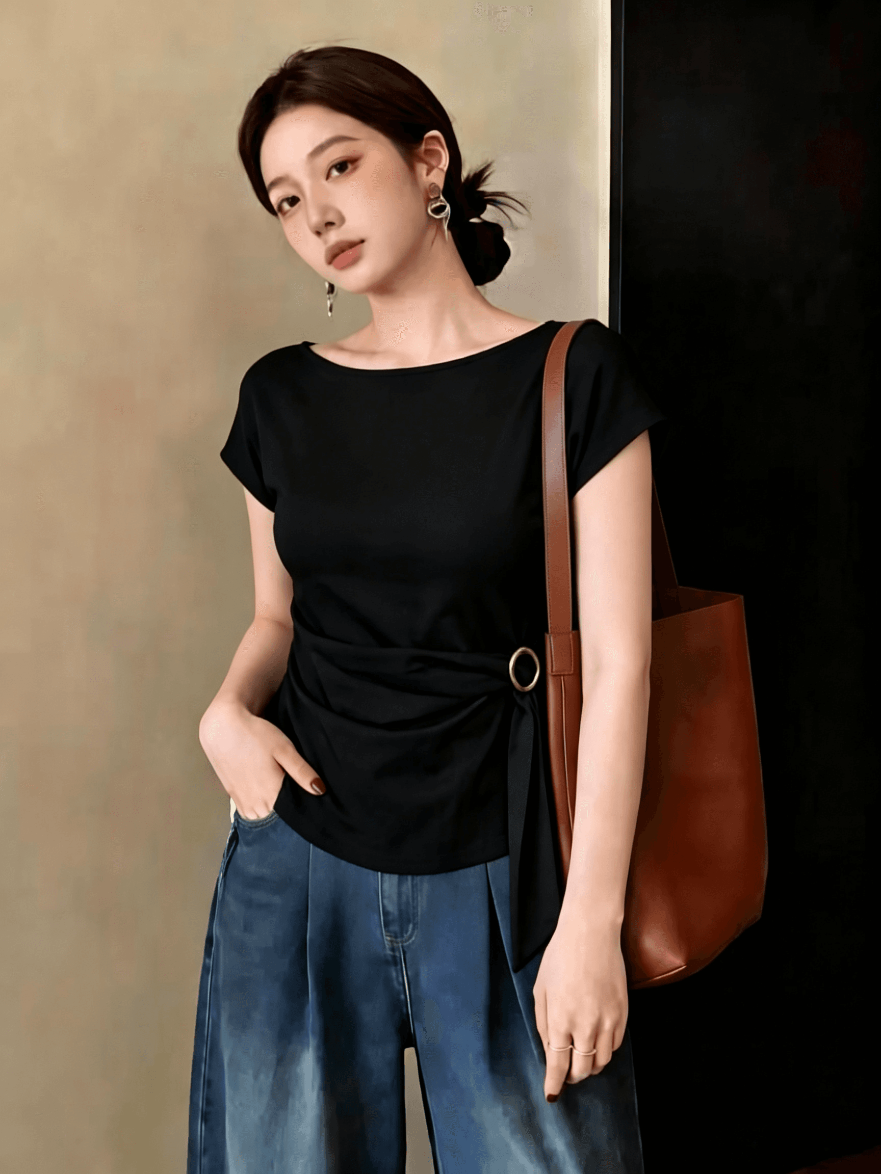 한 부서 연령 감소 반팔 티셔츠 여름 스트랩 허리 수축 슬림해 보이는 품격 느긋한 다용도 품격 맨위 상세 이미지 7