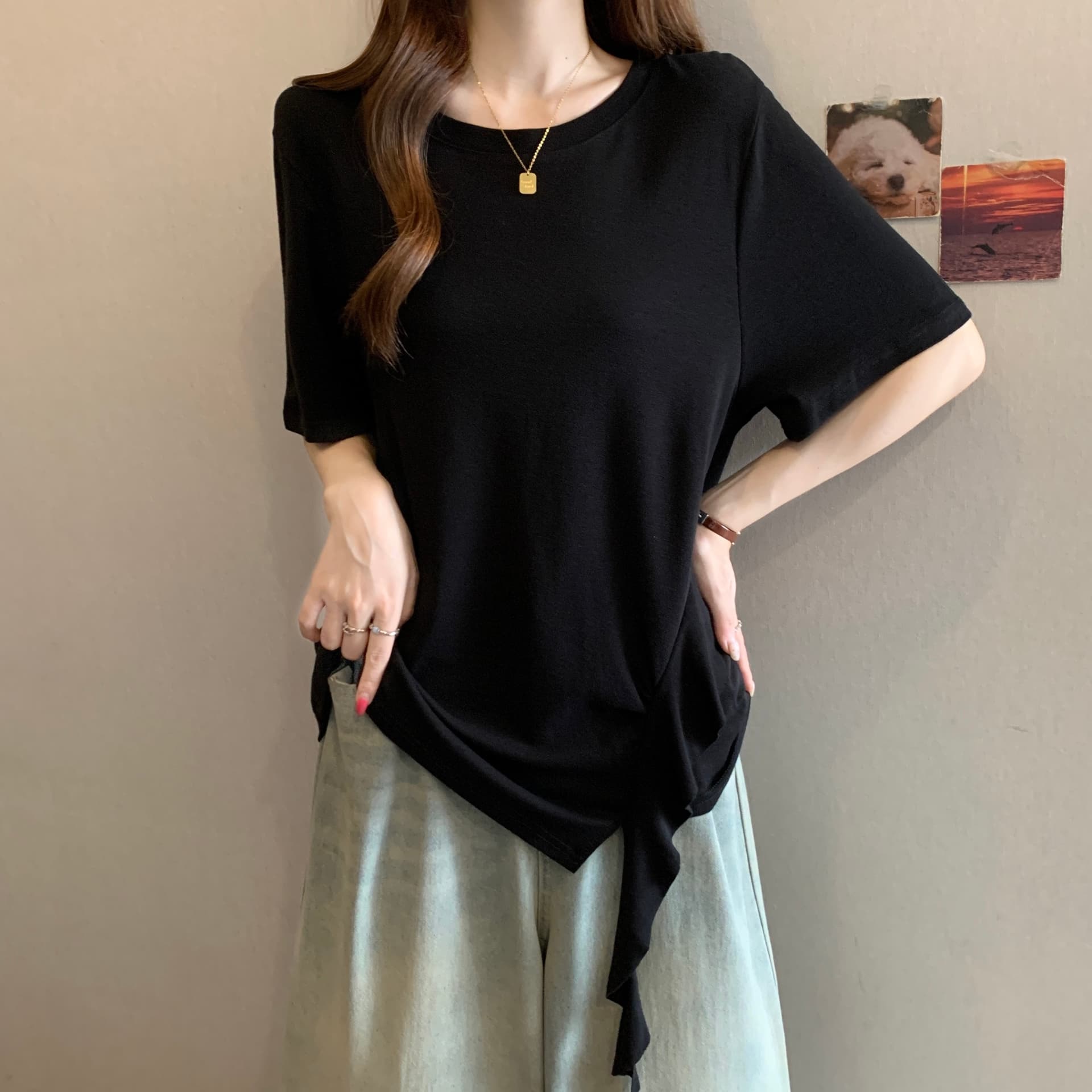 빅 사이즈 한 부서 달콤함 프릴 반팔 티셔츠 여성 여름 마이크로 지방 mm 불규칙 디자인 슬림해 보이는 맨위 상세 이미지 7