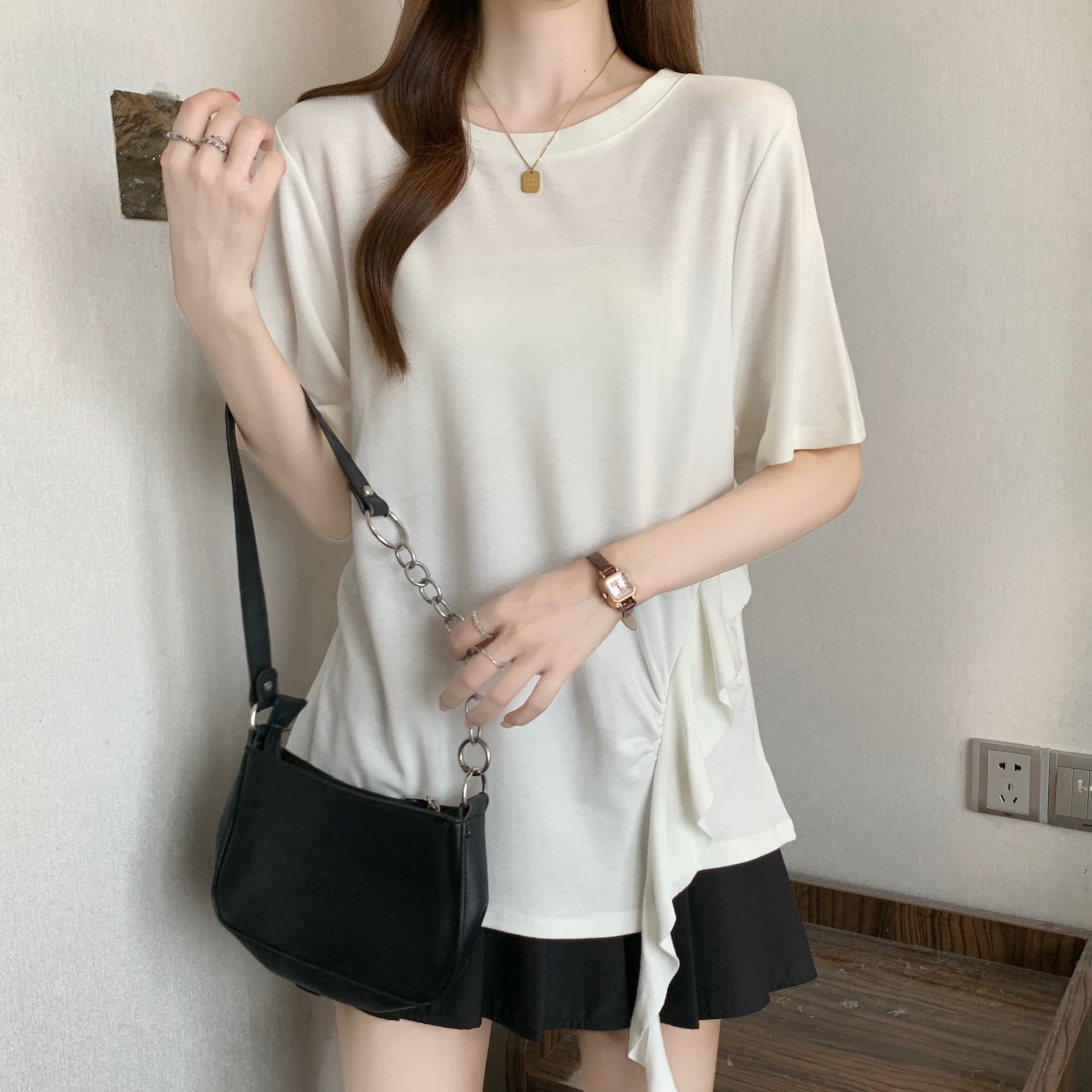 빅 사이즈 한 부서 달콤함 프릴 반팔 티셔츠 여성 여름 마이크로 지방 mm 불규칙 디자인 슬림해 보이는 맨위 상세 이미지 8