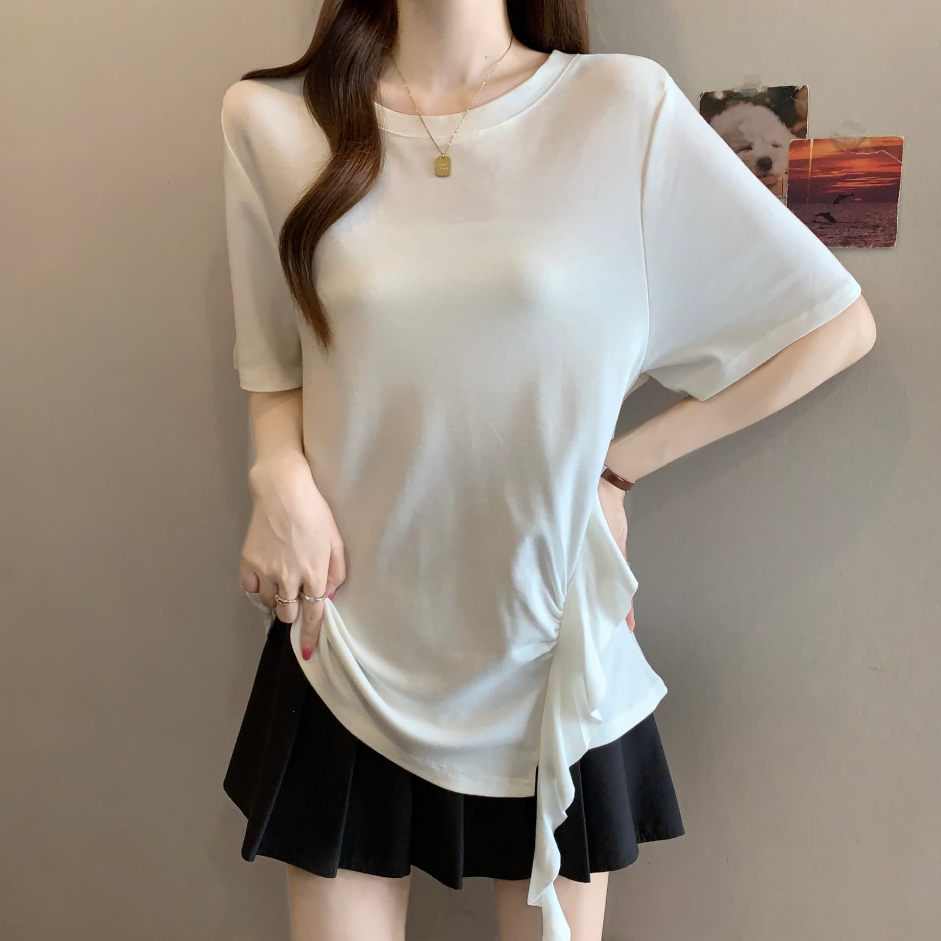 빅 사이즈 한 부서 달콤함 프릴 반팔 티셔츠 여성 여름 마이크로 지방 mm 불규칙 디자인 슬림해 보이는 맨위 상세 이미지 17