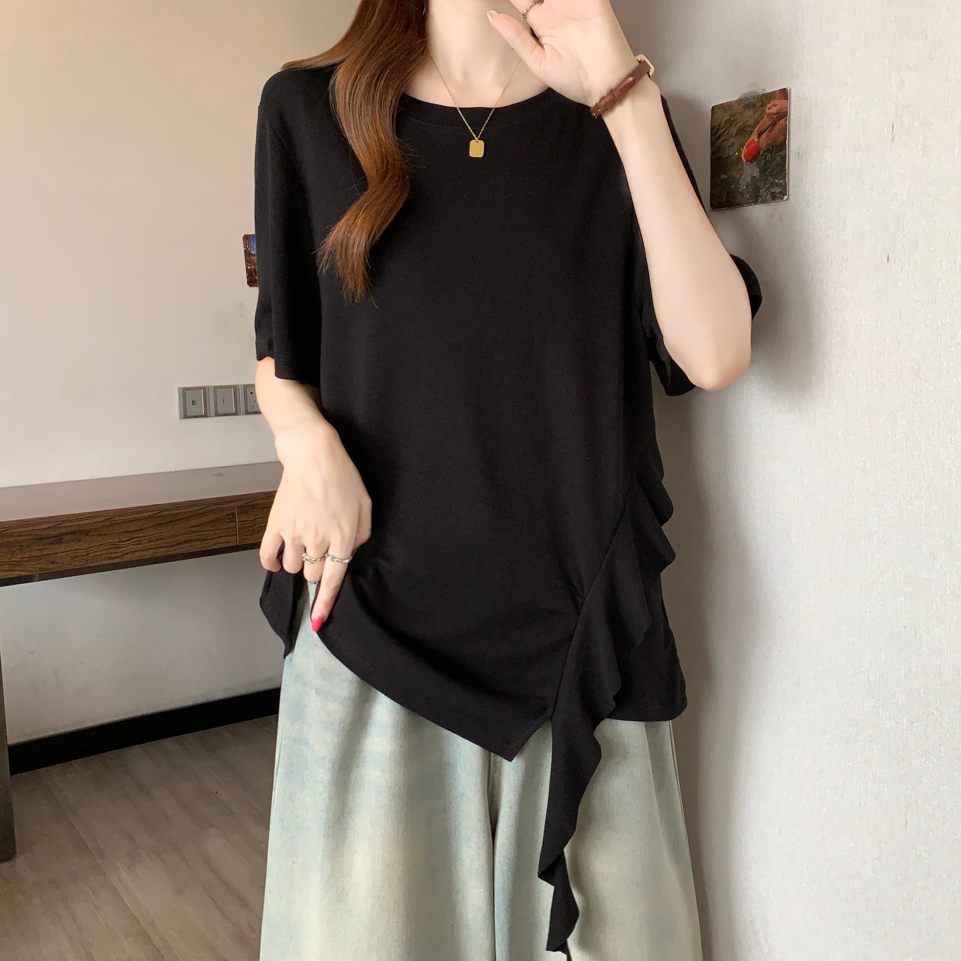 빅 사이즈 한 부서 달콤함 프릴 반팔 티셔츠 여성 여름 마이크로 지방 mm 불규칙 디자인 슬림해 보이는 맨위 상세 이미지 18