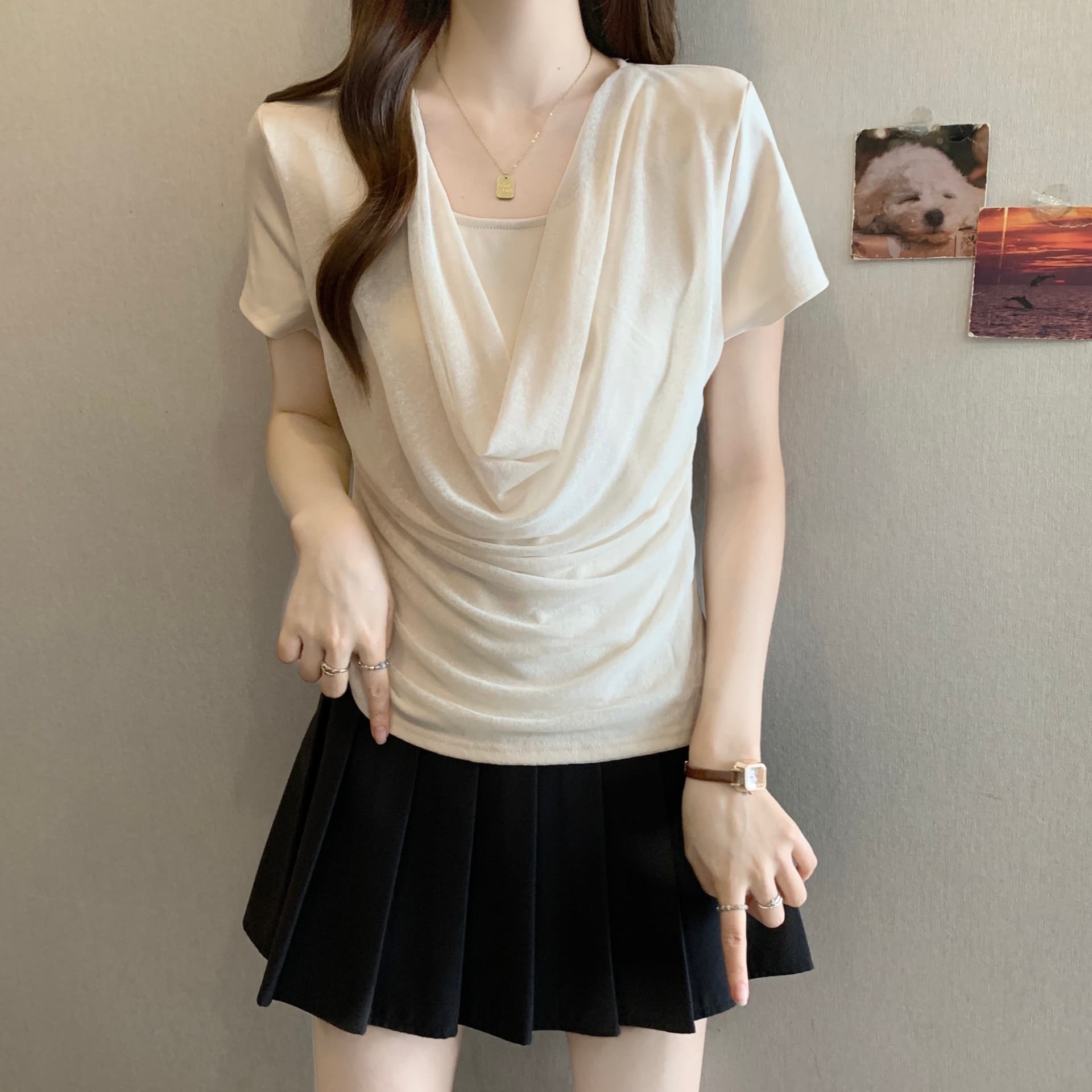 페이크 레이어드 흔들다 칼라 망사 티셔츠 여성 여름 몸매 가꾸기 긍정적 인 어깨 반팔 맨위 몸매 가꾸기 품격 쇼트 스타일 이미지 2