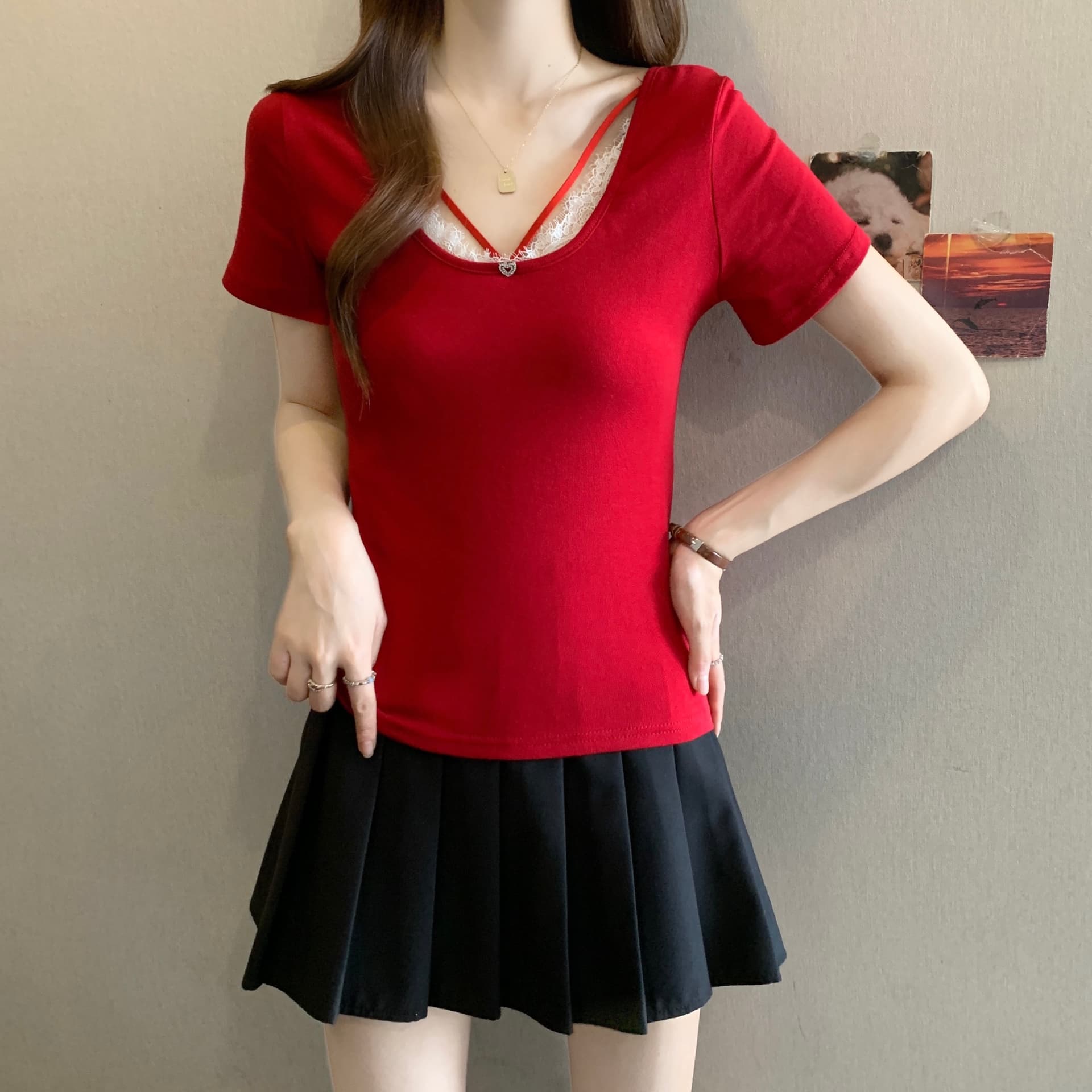 순수한 욕망 한여름 디자인 센스 십자가 레이스 백리스 반팔 이미지 2