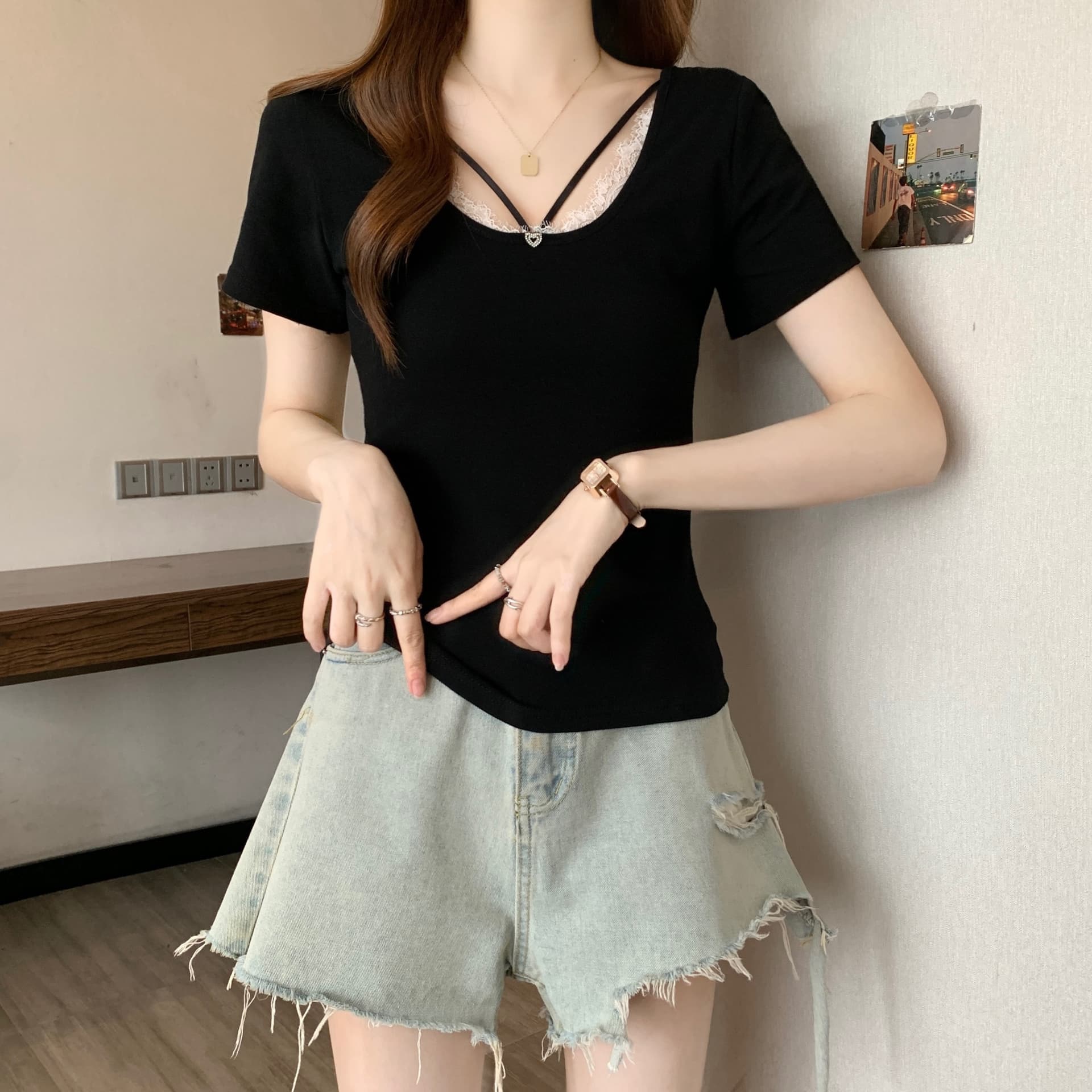 순수한 욕망 한여름 디자인 센스 십자가 레이스 백리스 반팔 상세 이미지 4