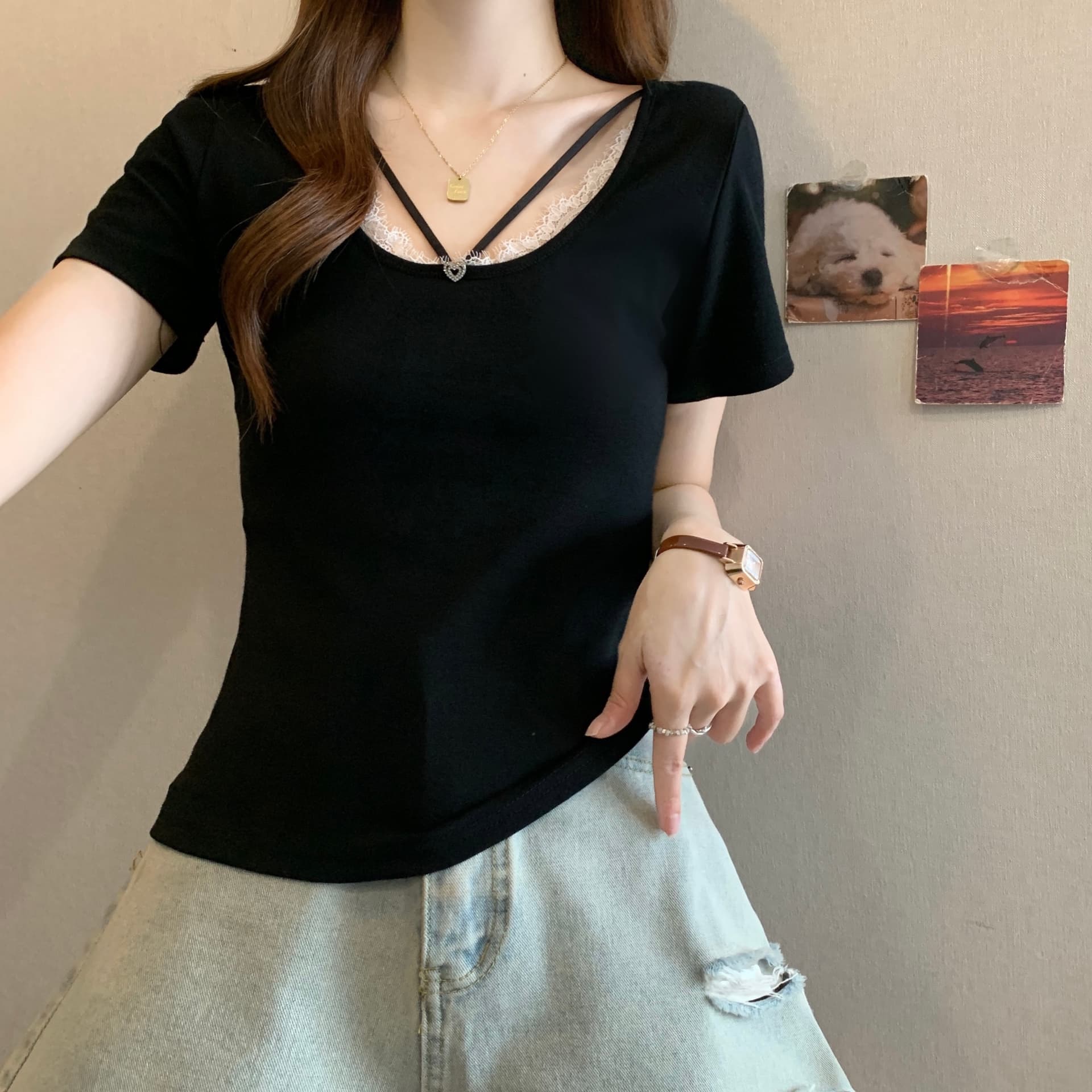 순수한 욕망 한여름 디자인 센스 십자가 레이스 백리스 반팔 상세 이미지 15