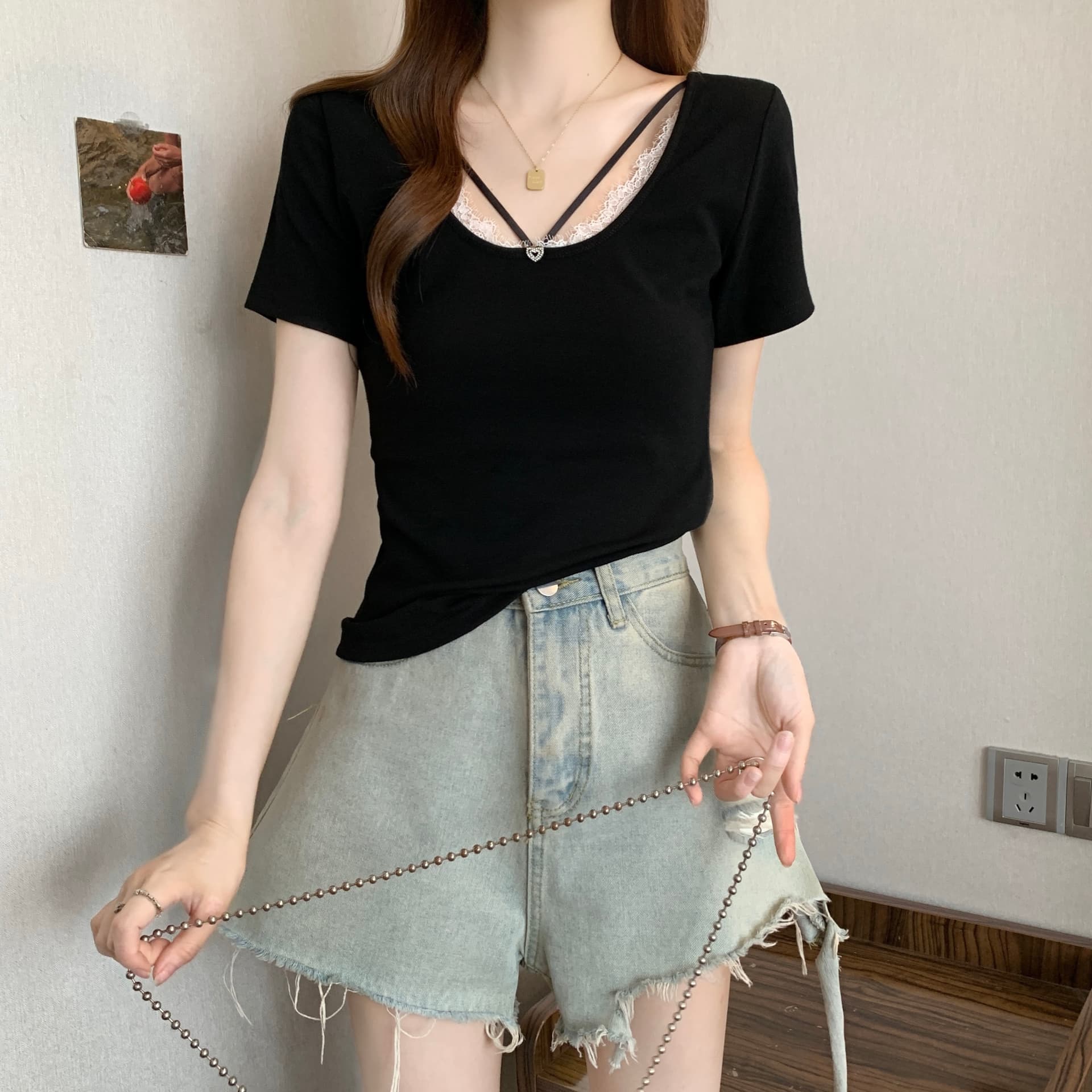 순수한 욕망 한여름 디자인 센스 십자가 레이스 백리스 반팔 상세 이미지 20