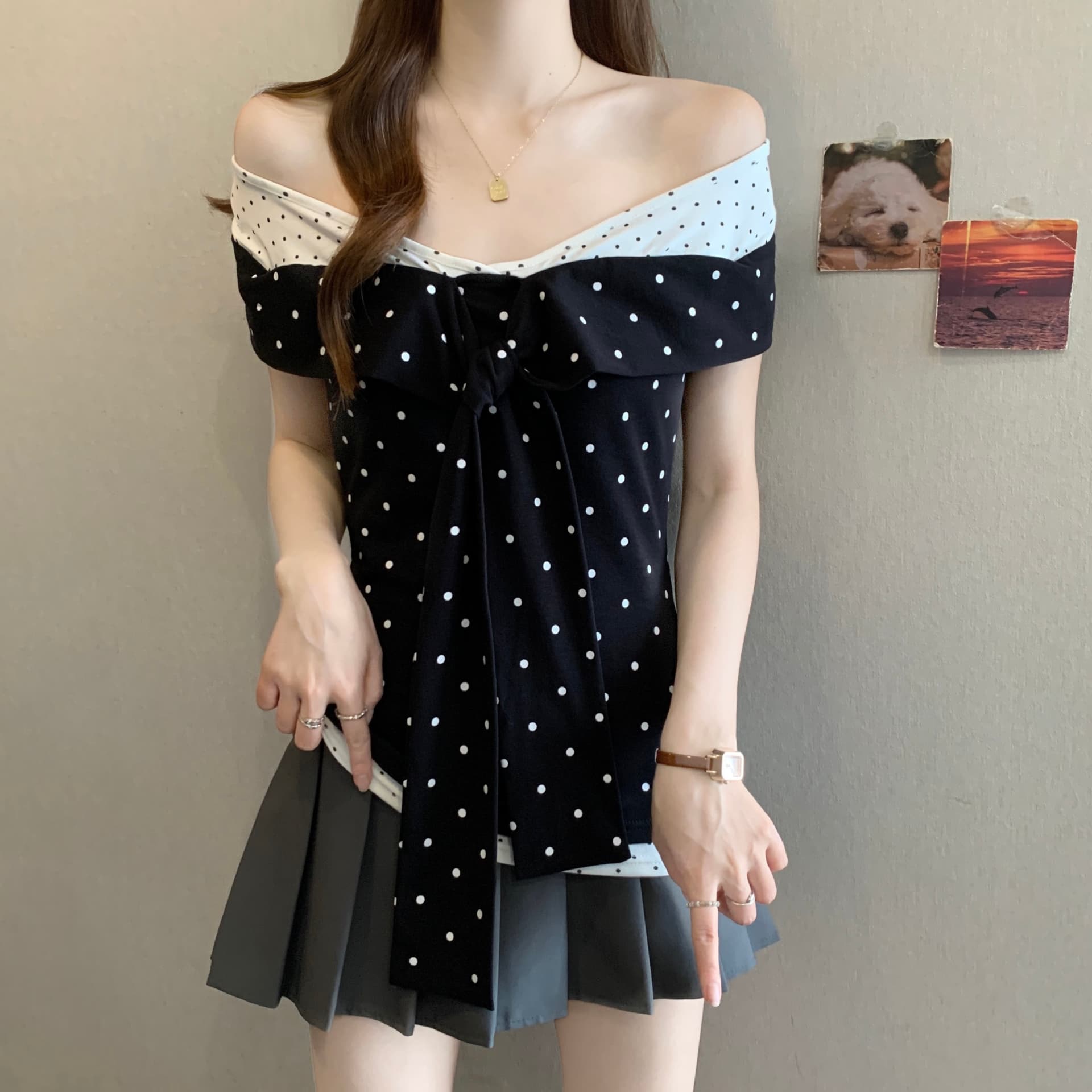 오리지널 배색 도트 무늬 면 센스 오프숄더 몸매 가꾸기 허리 수축 페이크 레이어드 티셔츠 캐주얼 여성 셔츠 상세 이미지 3