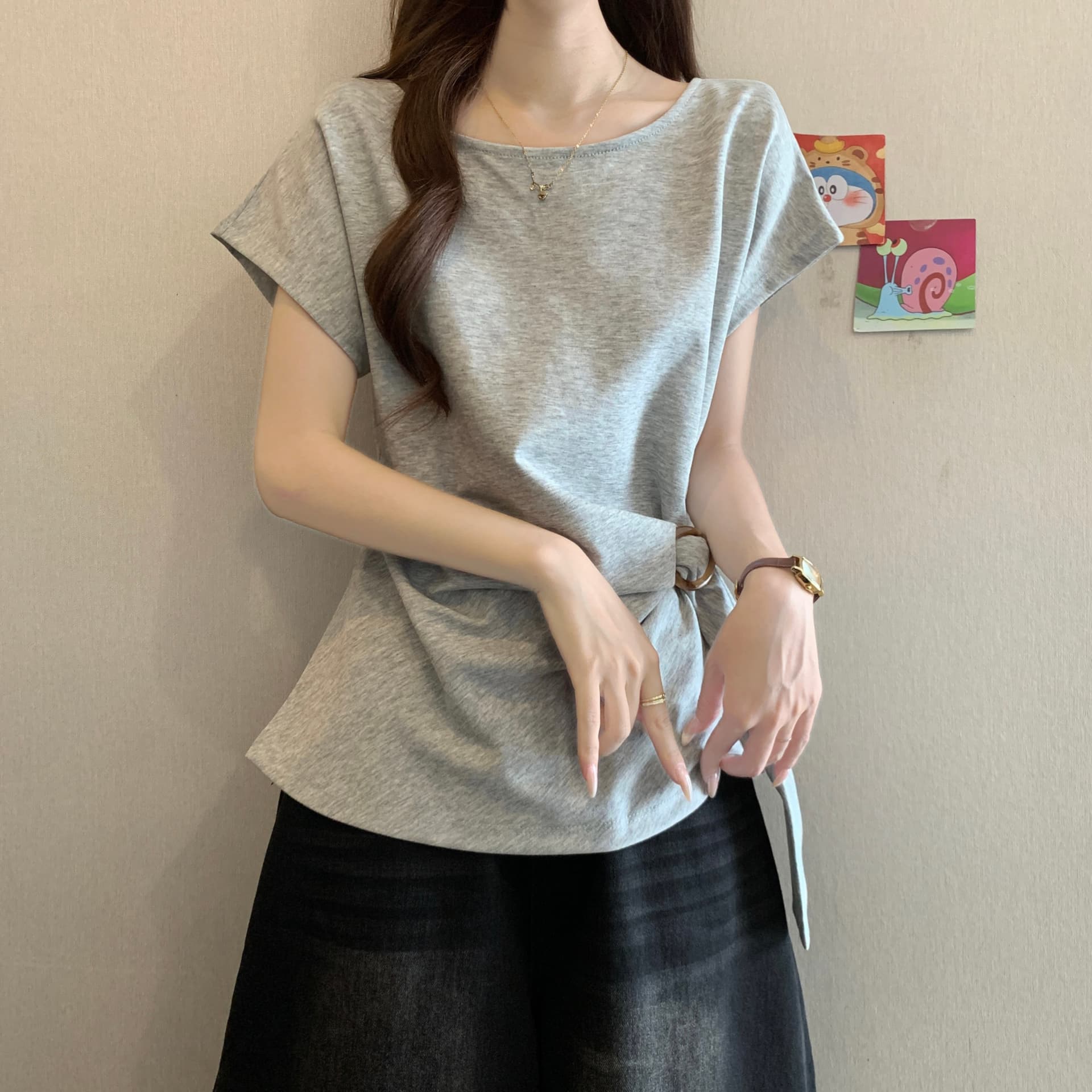 한 부서 연령 감소 반팔 티셔츠 여름 스트랩 허리 수축 슬림해 보이는 품격 느긋한 다용도 품격 맨위 상세 이미지 2