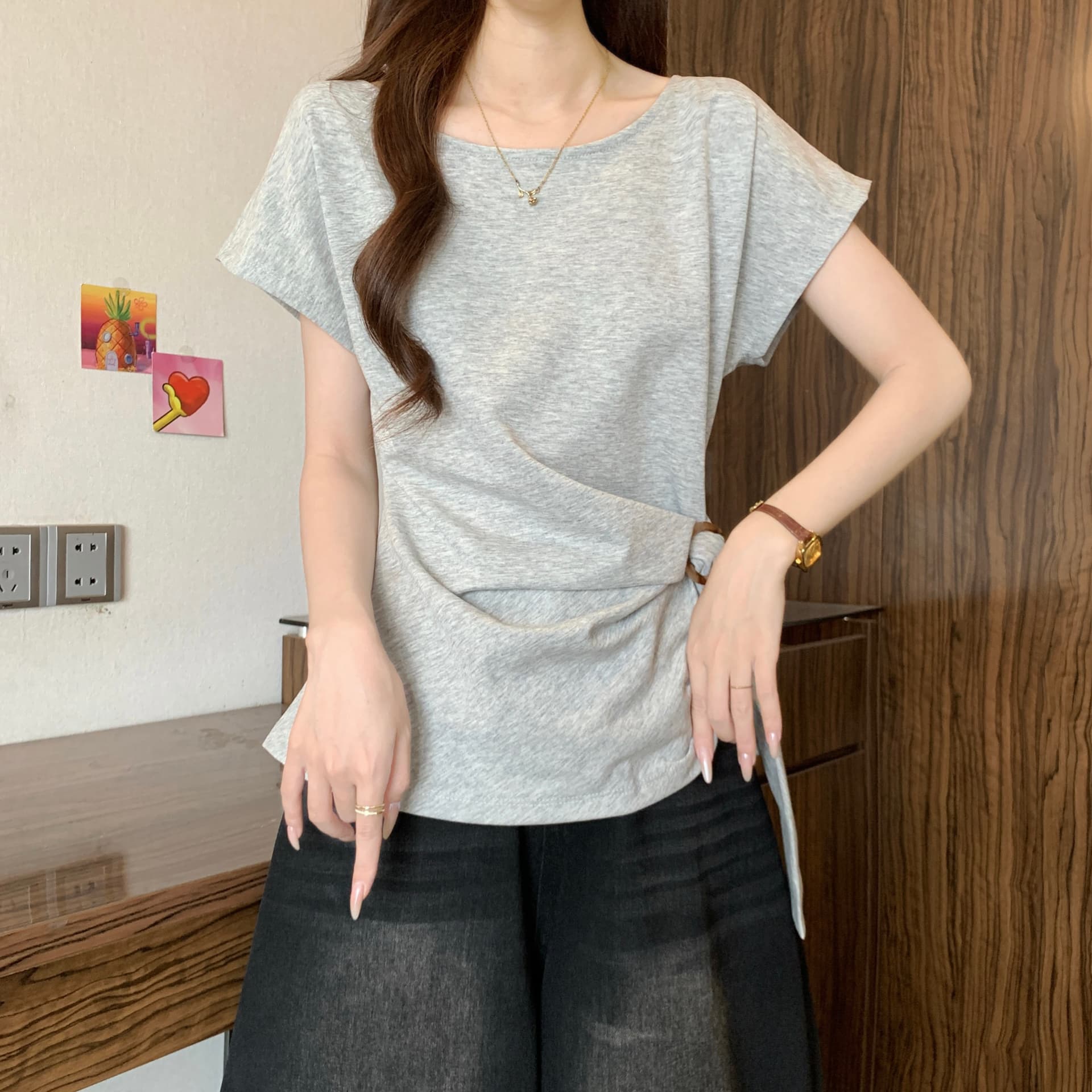 한 부서 연령 감소 반팔 티셔츠 여름 스트랩 허리 수축 슬림해 보이는 품격 느긋한 다용도 품격 맨위 상세 이미지 8