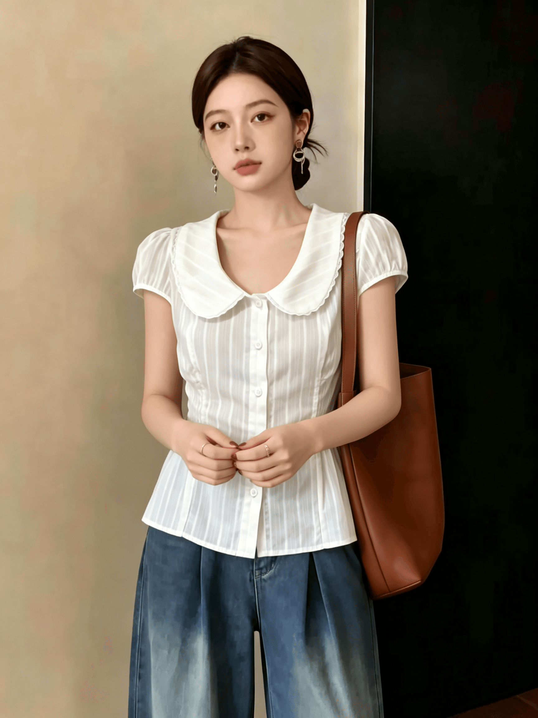 해군 베이비 칼라 레이스 셔츠 반팔 여성 여름 마이크로 지방 mm 빅 사이즈 허리 수축 슬림해 보이는 연령 감소 품격 맨위 이미지 5