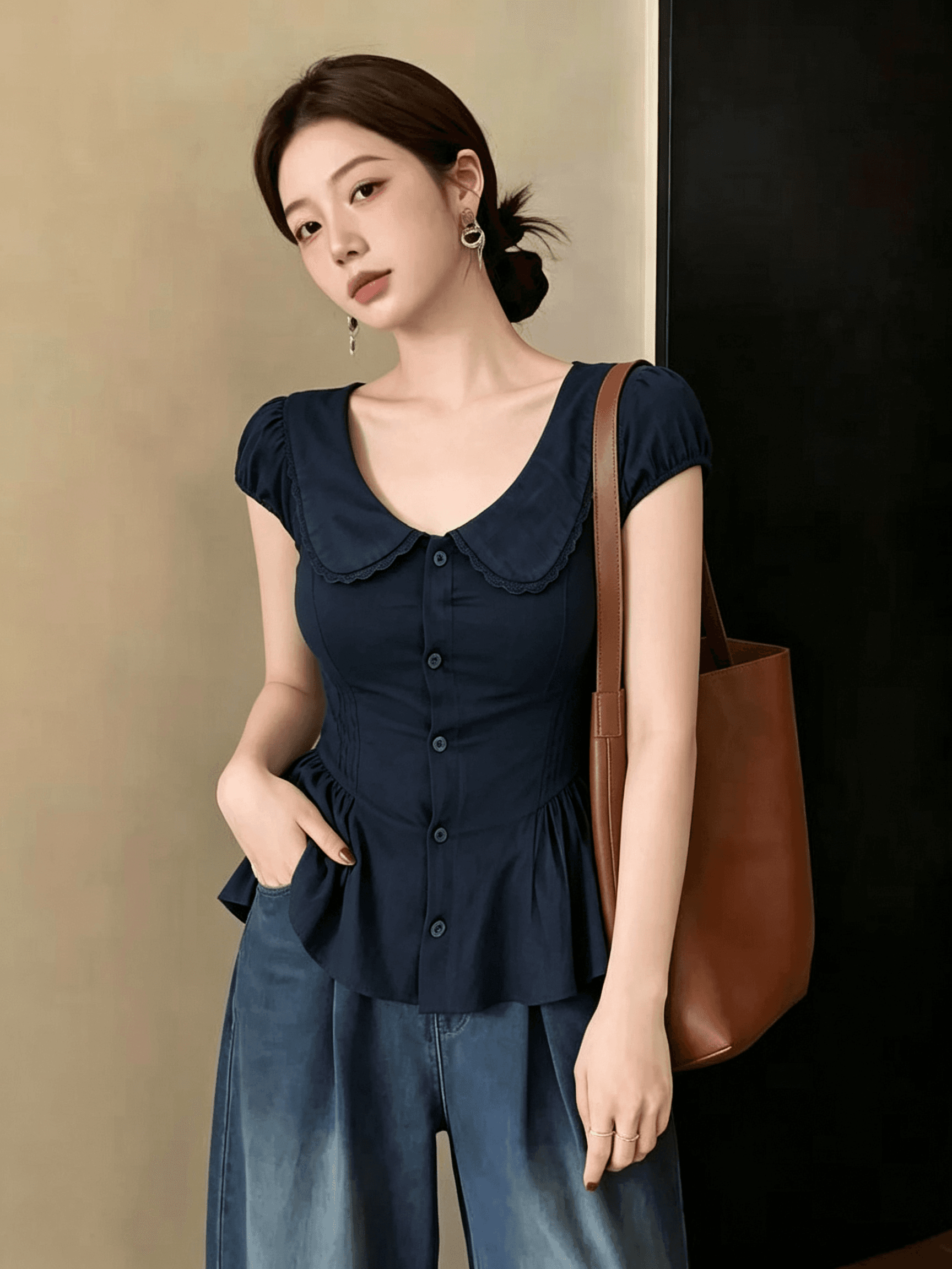 해군 베이비 칼라 레이스 셔츠 반팔 여성 여름 마이크로 지방 mm 빅 사이즈 허리 수축 슬림해 보이는 연령 감소 품격 맨위 이미지 2