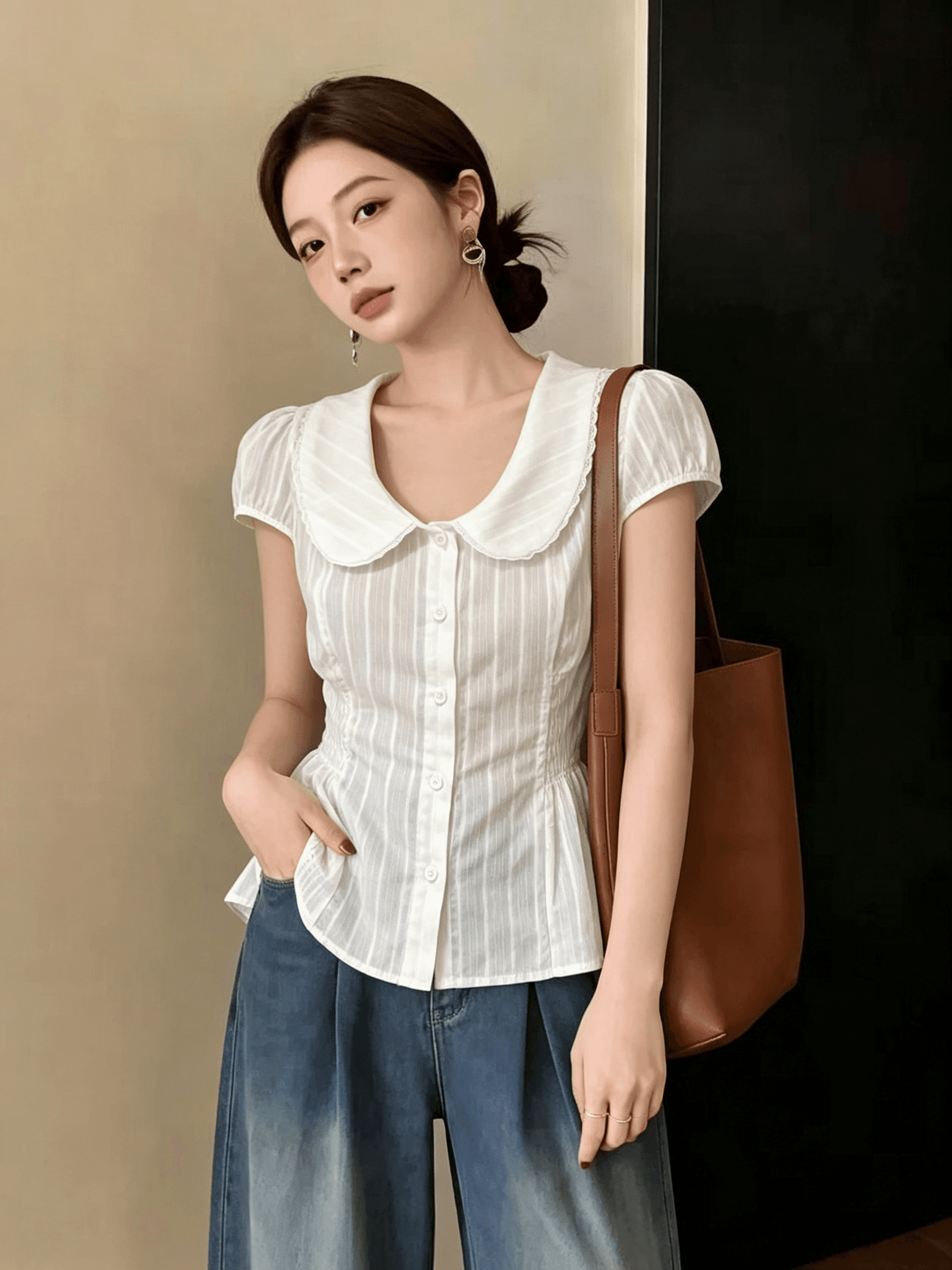 해군 베이비 칼라 레이스 셔츠 반팔 여성 여름 마이크로 지방 mm 빅 사이즈 허리 수축 슬림해 보이는 연령 감소 품격 맨위 상세 이미지 1