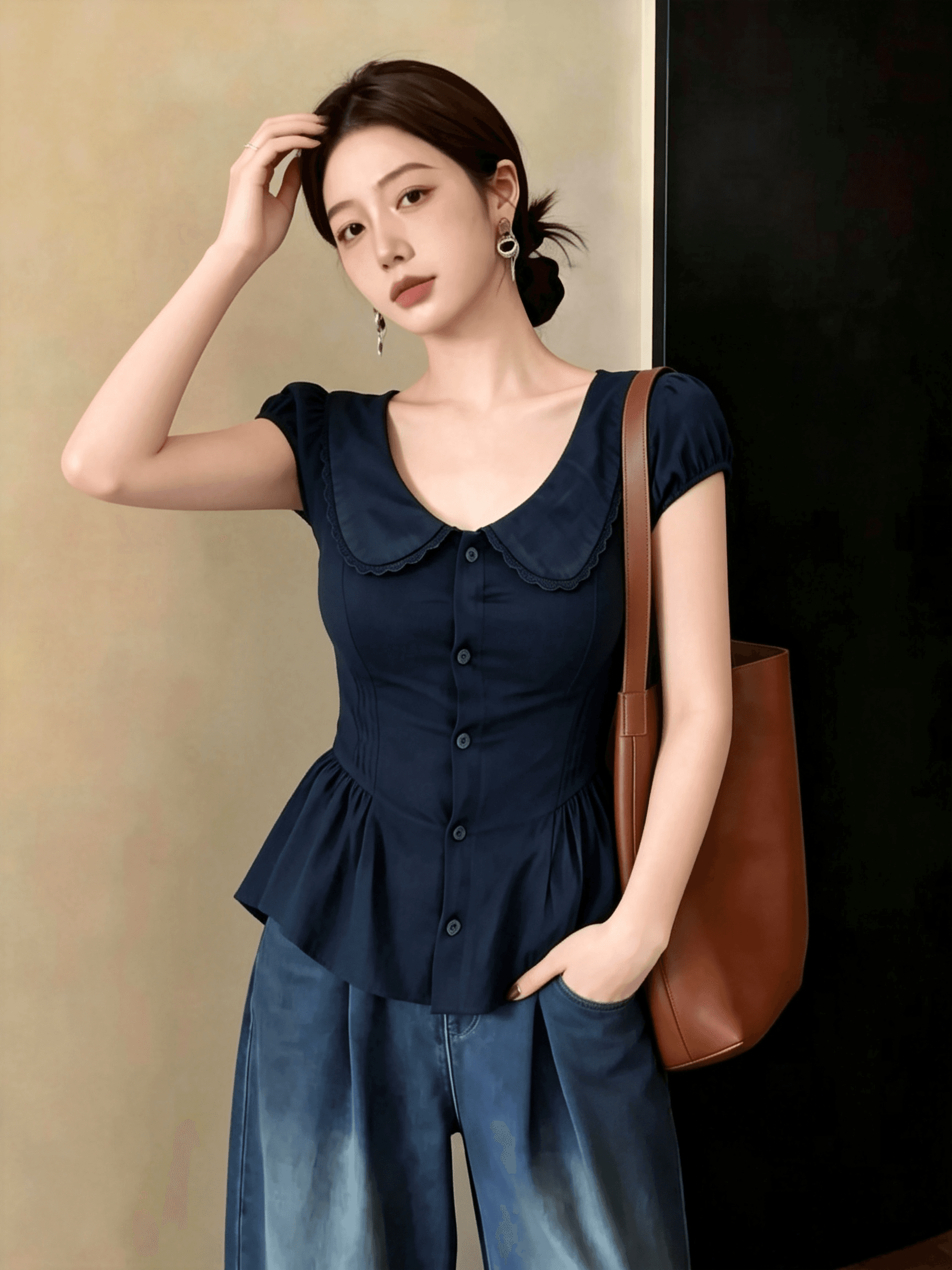 해군 베이비 칼라 레이스 셔츠 반팔 여성 여름 마이크로 지방 mm 빅 사이즈 허리 수축 슬림해 보이는 연령 감소 품격 맨위 상세 이미지 3