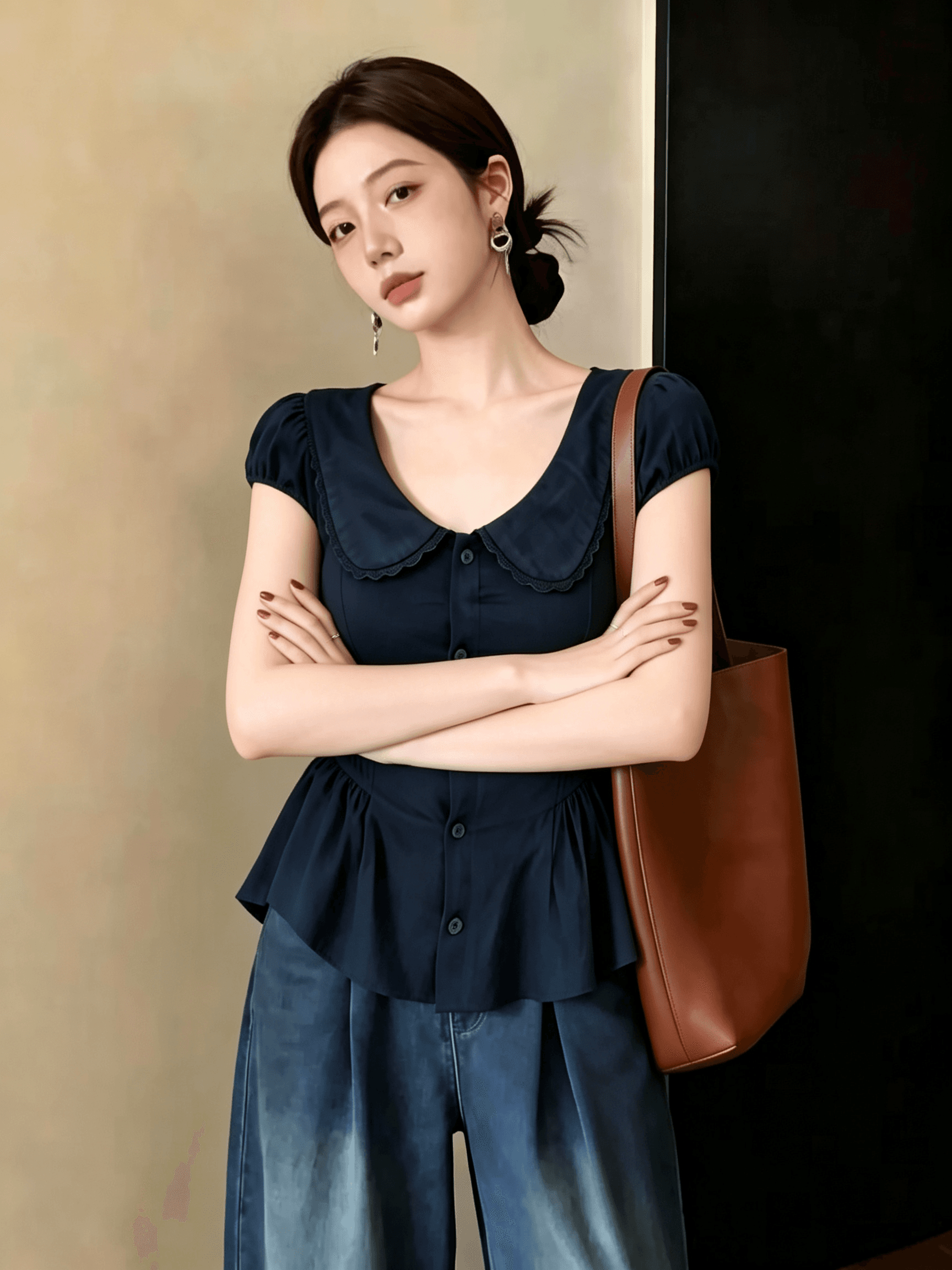 해군 베이비 칼라 레이스 셔츠 반팔 여성 여름 마이크로 지방 mm 빅 사이즈 허리 수축 슬림해 보이는 연령 감소 품격 맨위 상세 이미지 6