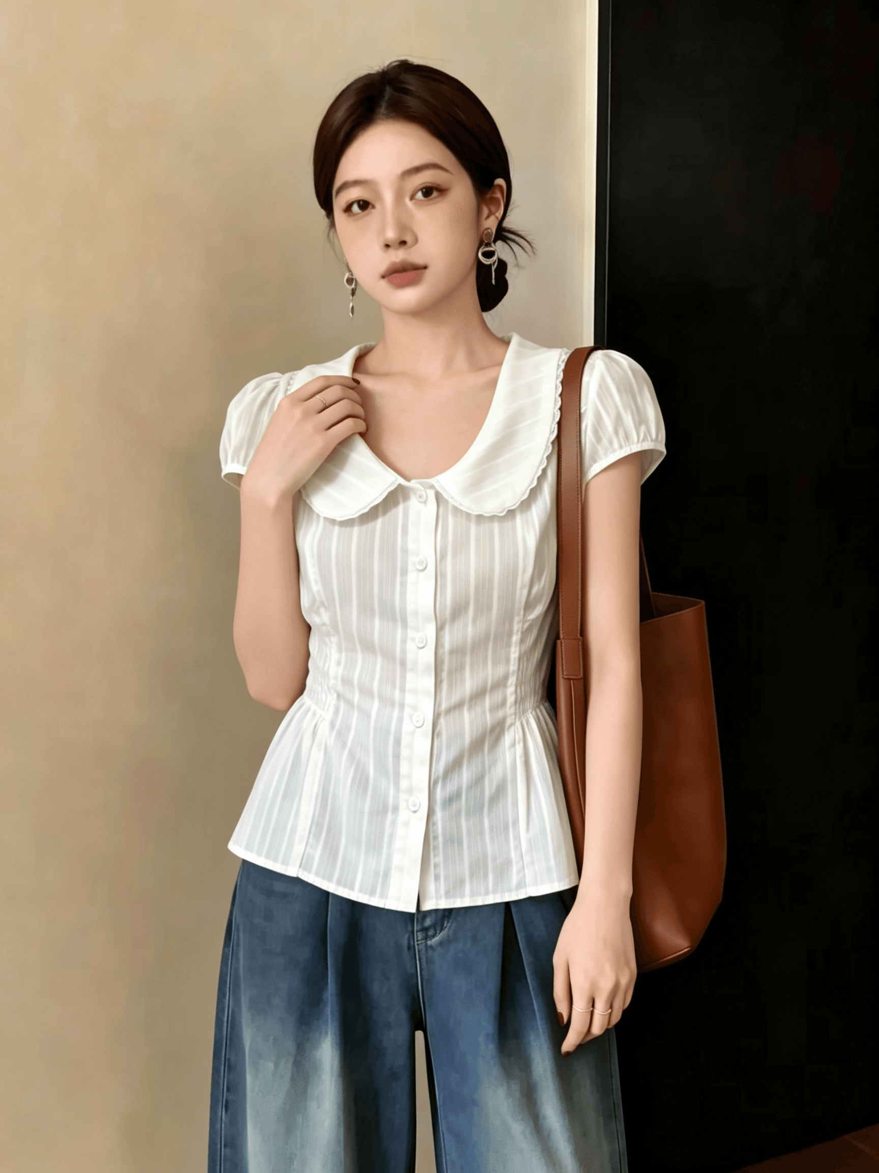 해군 베이비 칼라 레이스 셔츠 반팔 여성 여름 마이크로 지방 mm 빅 사이즈 허리 수축 슬림해 보이는 연령 감소 품격 맨위 상세 이미지 7