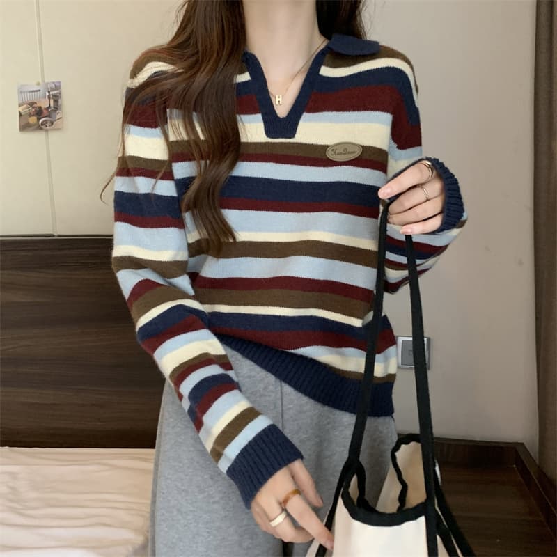 POLO 칼라 긴팔 니트 스웨터 여성 가을 2026 새로운 슬림해 보이는 표지 고기 스트라이프 다용도 맨위 상세 이미지 9