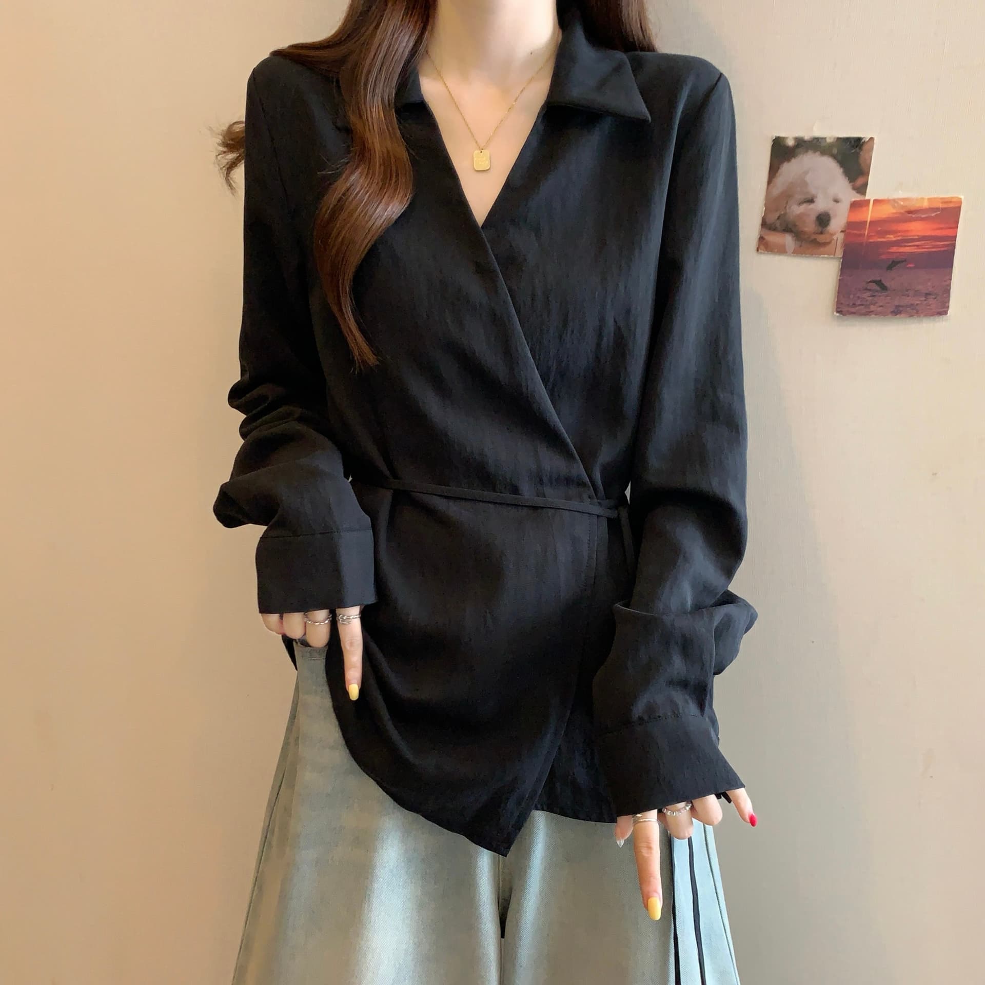 고급 디자인 센스 V넥 긴팔 만나는 여성 셔츠 봄 가을 빅 사이즈 지방 mm 슬림해 보이는 레이스업 허리 수축 표지 배 맨위 상세 이미지 1