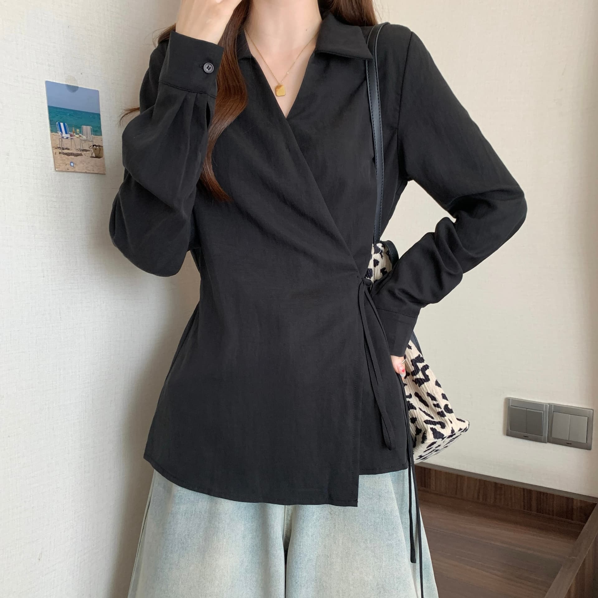 고급 디자인 센스 V넥 긴팔 만나는 여성 셔츠 봄 가을 빅 사이즈 지방 mm 슬림해 보이는 레이스업 허리 수축 표지 배 맨위 상세 이미지 9