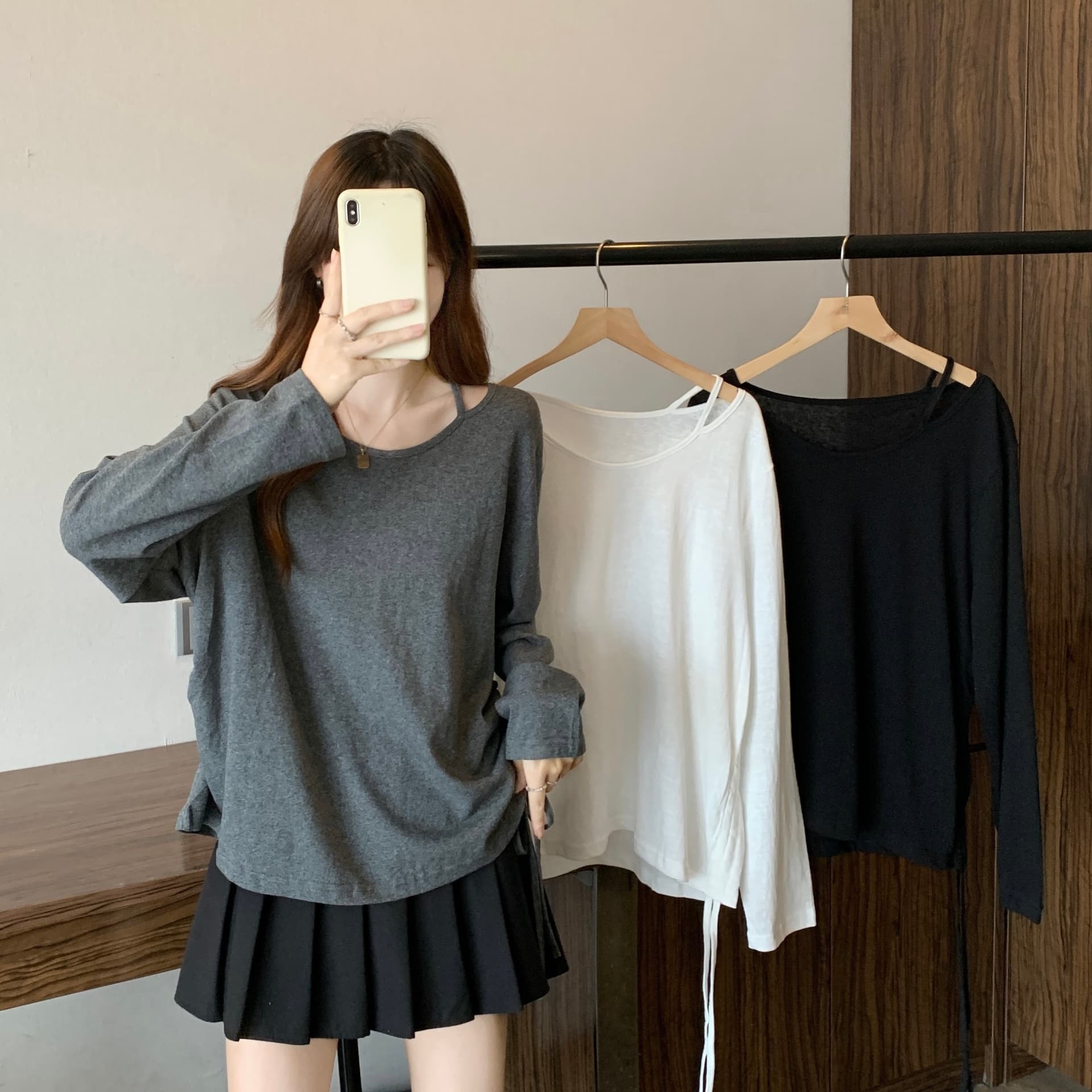 빅 사이즈 여성 의류 지방 mm 측면 펌프 로프 허리 수축 불규칙 가을 긴팔 단색 인터넷 에디션 티셔츠 맨위 캐주얼 여성 상세 이미지 15