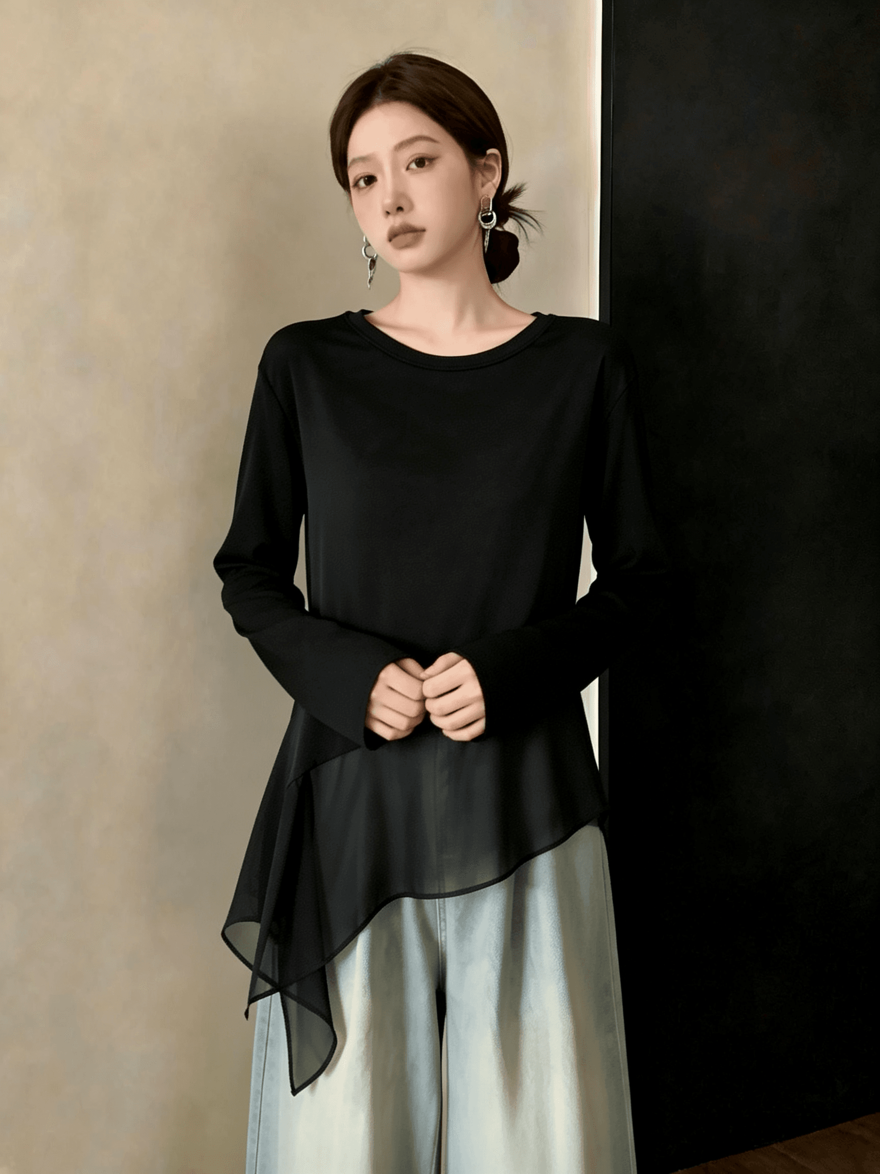 2026 가을 긴팔 티셔츠 여자 빅 사이즈 마이크로 지방 불규칙 밑단 레이스 조각 자이언트 슬림해 보이는 라운드 넥 맨위 상세 이미지 4