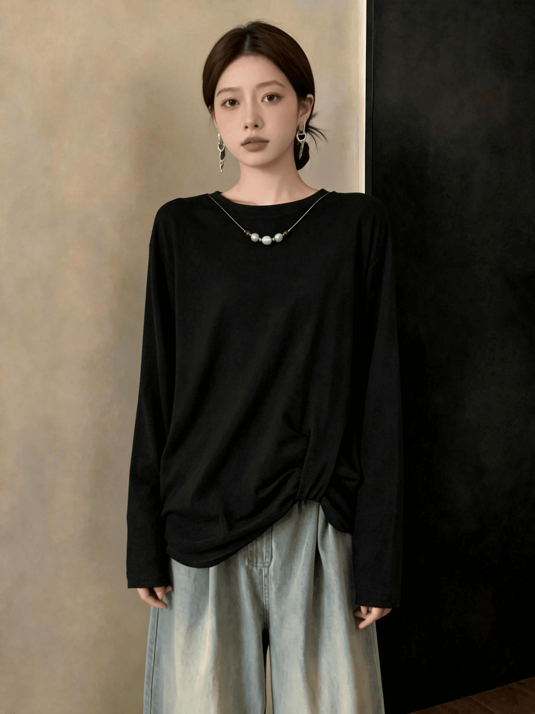 불규칙 긴팔 티셔츠 기본 셔츠 여성 가을 빅 사이즈 지방 mm 슬림해 보이는 루즈핏 표지 배 디자인 센스 체인 맨위 이미지 5