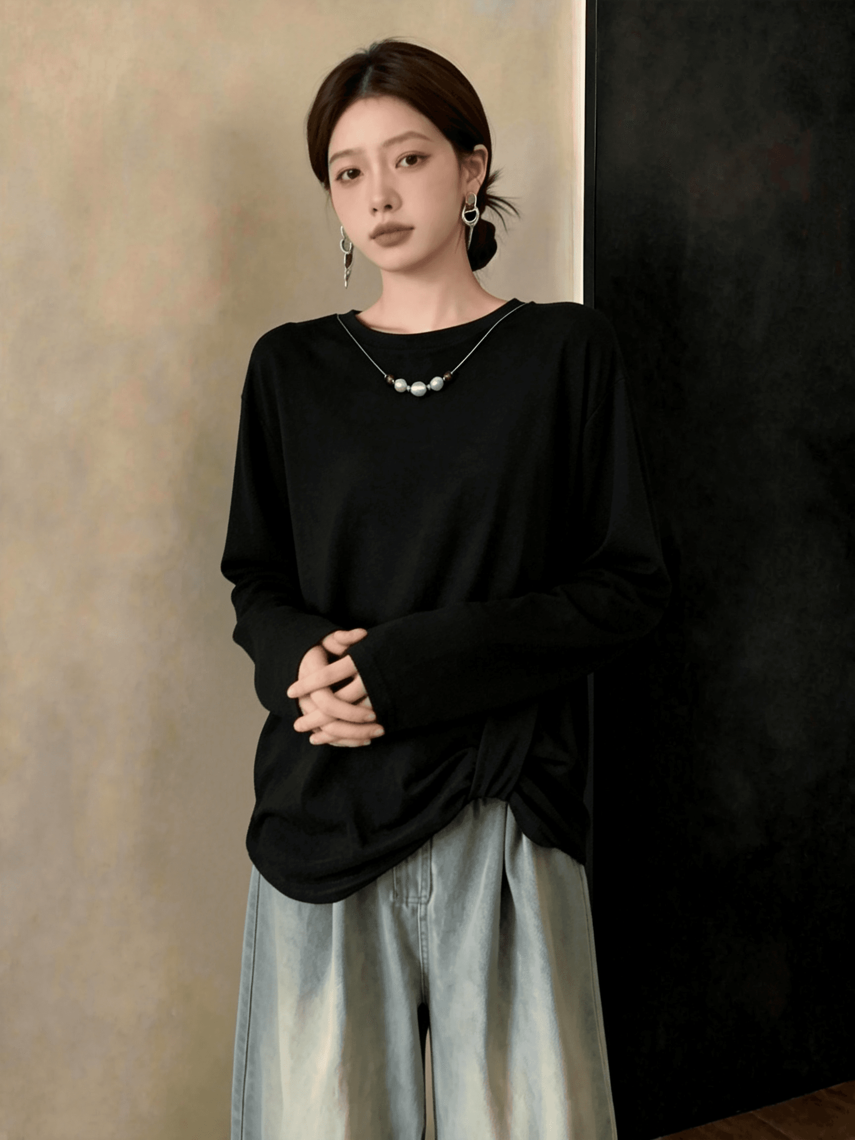 불규칙 긴팔 티셔츠 기본 셔츠 여성 가을 빅 사이즈 지방 mm 슬림해 보이는 루즈핏 표지 배 디자인 센스 체인 맨위 상세 이미지 2