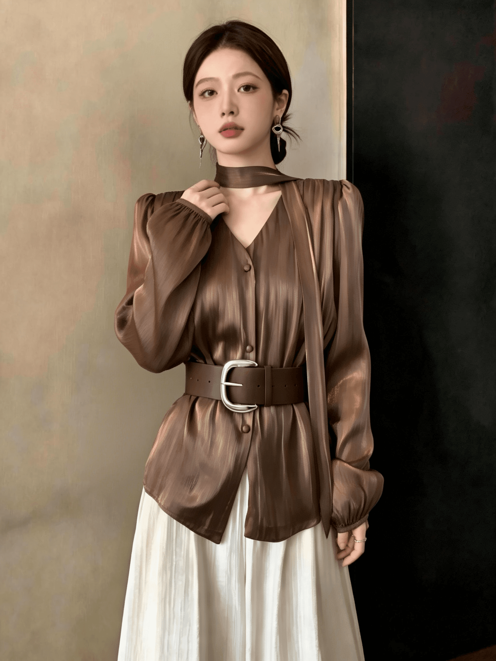 고급 품격 새틴 긴팔 셔츠 가을 2026 새로운 빅 사이즈 여성 의류 지방 mm Chic 리본 허리 수축 맨위 상세 이미지 10
