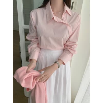 chic 한국 스타일 디자인 센스 Chic 폴로 칼라 불규칙 비스듬한 버클 셔츠 맨위 4 가지 색상 이미지 3