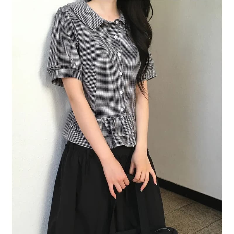 chic 한국 스타일 체크무늬 이중층 프릴 베이비 칼라 셔츠 이미지 5