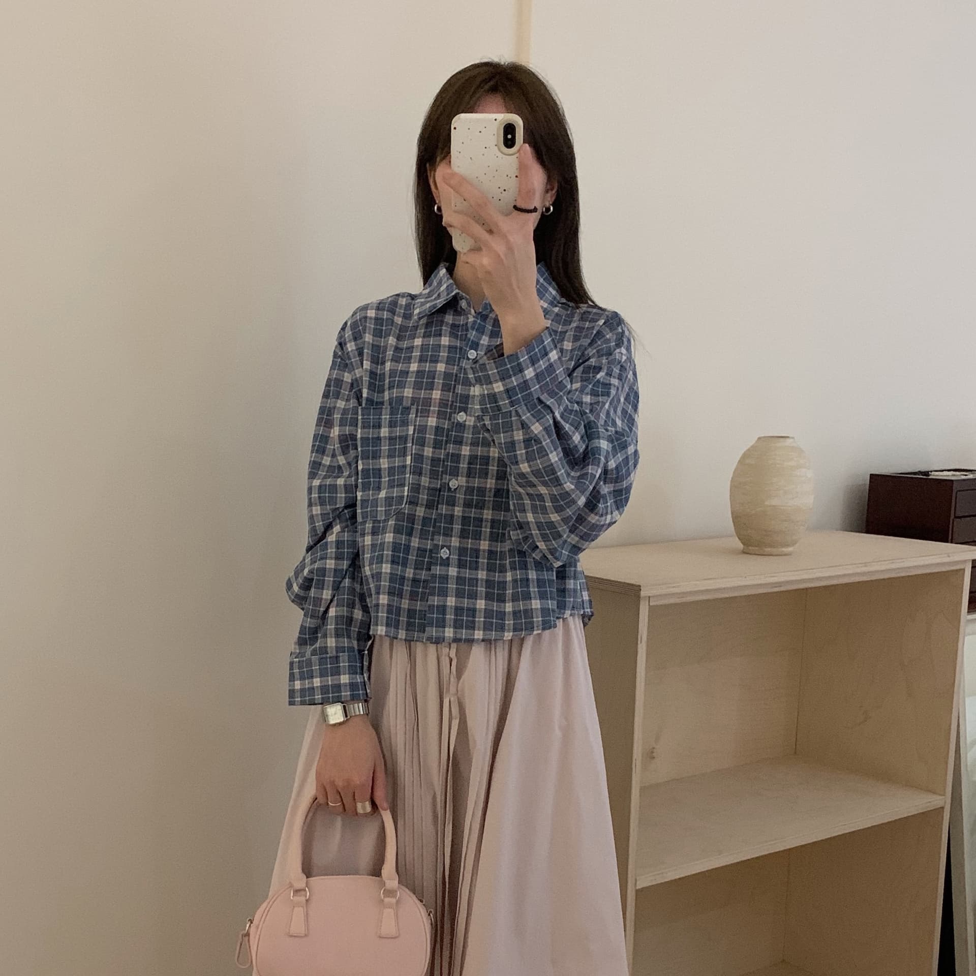 한국 스타일 작은 대중 체크무늬 폴로 칼라 쇼트 스타일 긴팔 여성 셔츠 루즈핏 연령 감소 자외선 차단 오픈 가디건 이미지 3