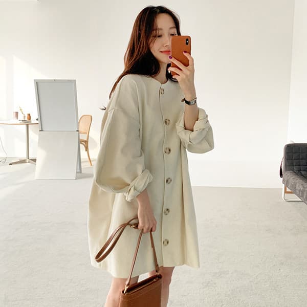 한국 동대문 작은 대중 느긋한 바람 싱글 줄 버튼 루즈핏 캐주얼 작은 키 여성 드레스 이미지 4