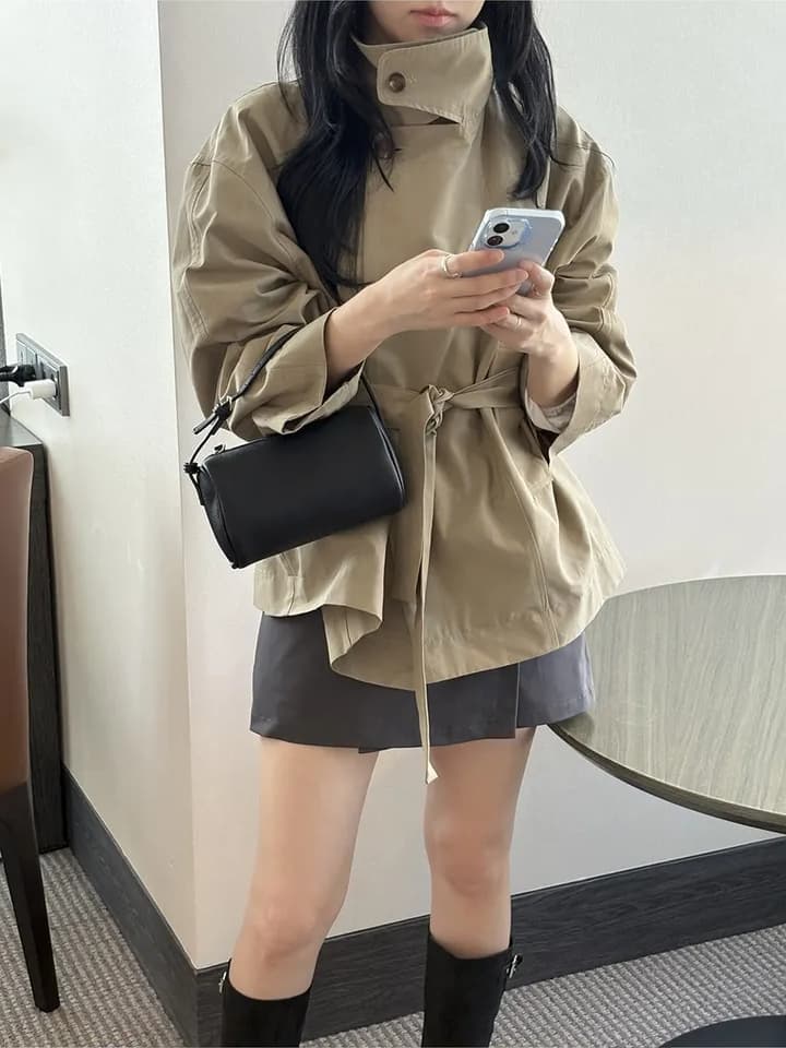 chic 한국 스타일 가을 겨울 미니멀리즘 고급 센스 영국식 바람 스탠드 칼라 루즈핏 레이스업 다용도 쇼트 스타일 재킷 재킷