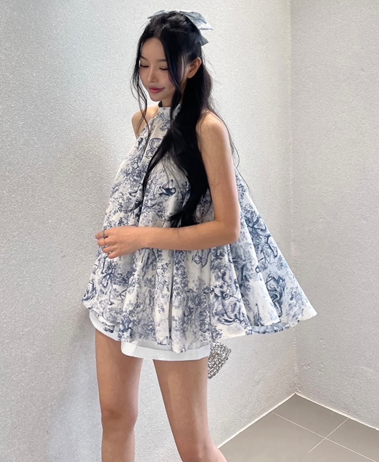 재고 있음 ins 한 부서 프랑스식 레트로 수묵화 프린트 행침 목 민소매 맨위 여성 여름 순수한 욕망 슬림해 보이는 쉬폰 블라우스