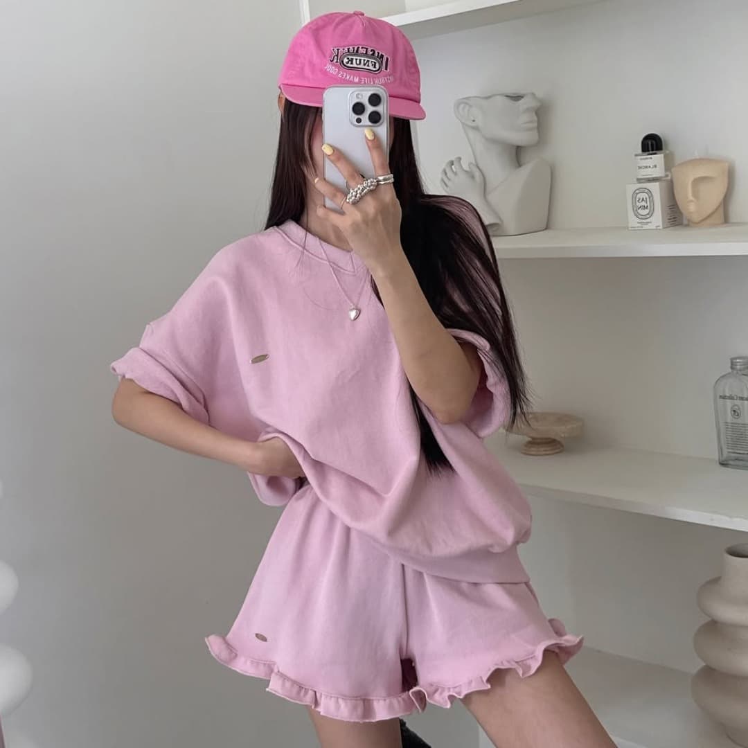재고 있음 ins 한국 동대문 여름 미니멀리즘 게으른 착용 가져 가라. 반팔 맨위 레이스 반바지 세트 여성