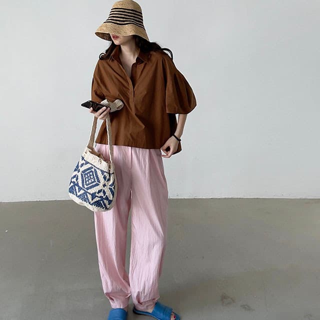 재고 있음 ins 한국 동대문 나팔 소매 루즈핏 다용도 디자인 센스 폴로 칼라 긴팔 셔츠 상세 이미지 5