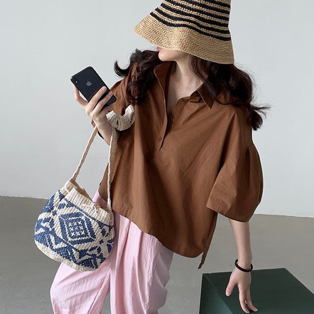 재고 있음 ins 한국 동대문 나팔 소매 루즈핏 다용도 디자인 센스 폴로 칼라 긴팔 셔츠 상세 이미지 11