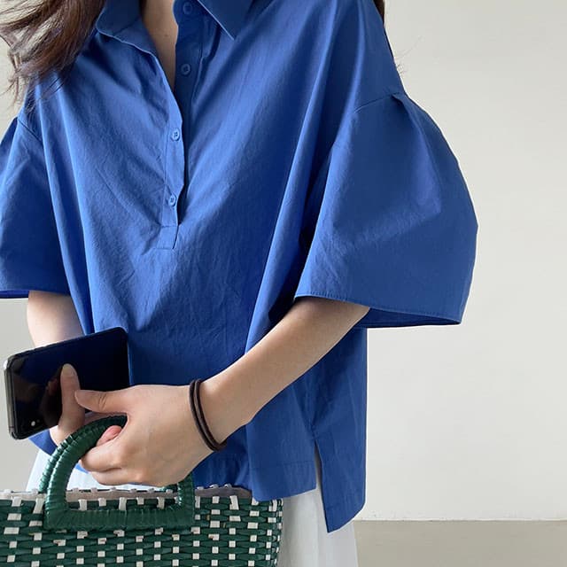 재고 있음 ins 한국 동대문 나팔 소매 루즈핏 다용도 디자인 센스 폴로 칼라 긴팔 셔츠 상세 이미지 25