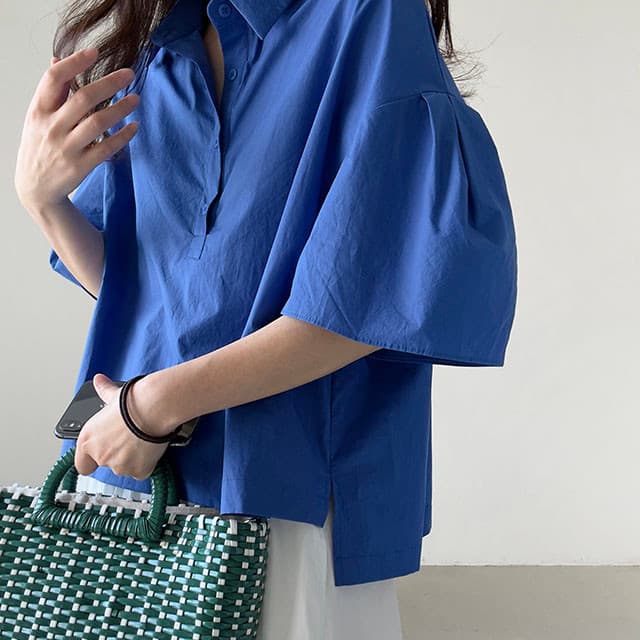 재고 있음 ins 한국 동대문 나팔 소매 루즈핏 다용도 디자인 센스 폴로 칼라 긴팔 셔츠 상세 이미지 26