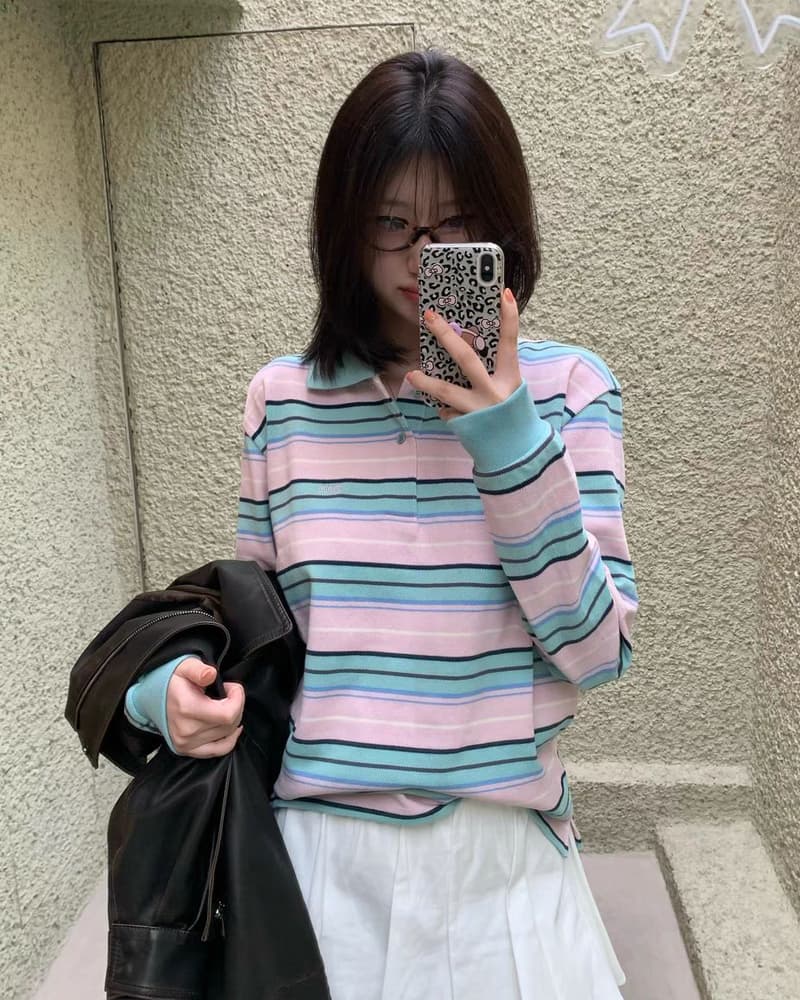 재고 있음 ins 한국 캐주얼 루즈핏 배색 스트라이프 폴로 칼라 긴팔 티셔츠 맨위 여성 이미지 3