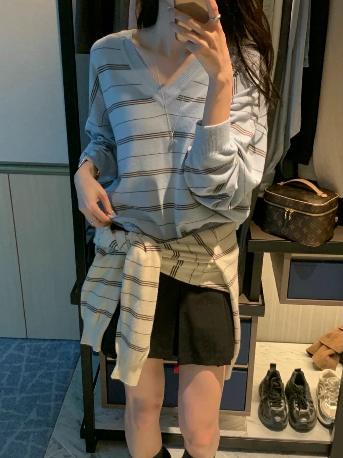 재고 있음 ins 한국 소녀 센스 다용도 V넥 스트라이프 루즈핏 풀오버 니트 스웨터 26 이른 가을 새로운 상세 이미지 2