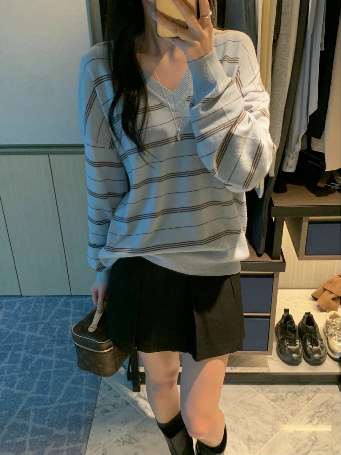 재고 있음 ins 한국 소녀 센스 다용도 V넥 스트라이프 루즈핏 풀오버 니트 스웨터 26 이른 가을 새로운 상세 이미지 5