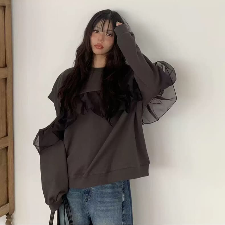 재고 있음 ins 한국 동대문 새로운 유럽 오간자 프릴 홀로우 아웃 긴팔 루즈핏 후드티 여성 코트
