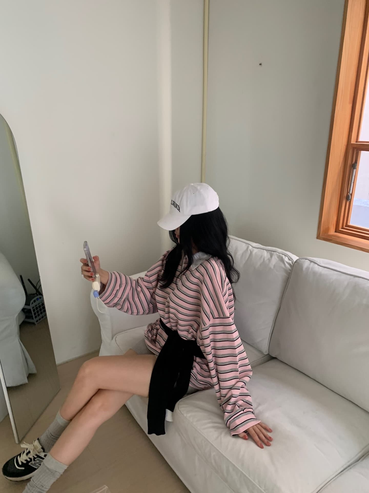 재고 있음 ins 한국 polo 스트라이프 긴 소매 티셔츠 2025 가을 새로운 학원 레트로 항구 바람 루즈핏 캐주얼 맨위 상세 이미지 15
