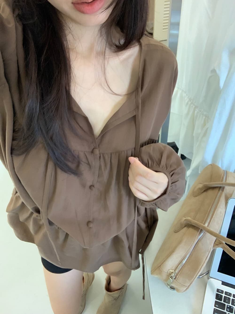 재고 있음 ins 한국 동대문 가을 새로운 V넥 레이스업 펌프 로프 허리 수축 셔츠 드레스 상세 이미지 20